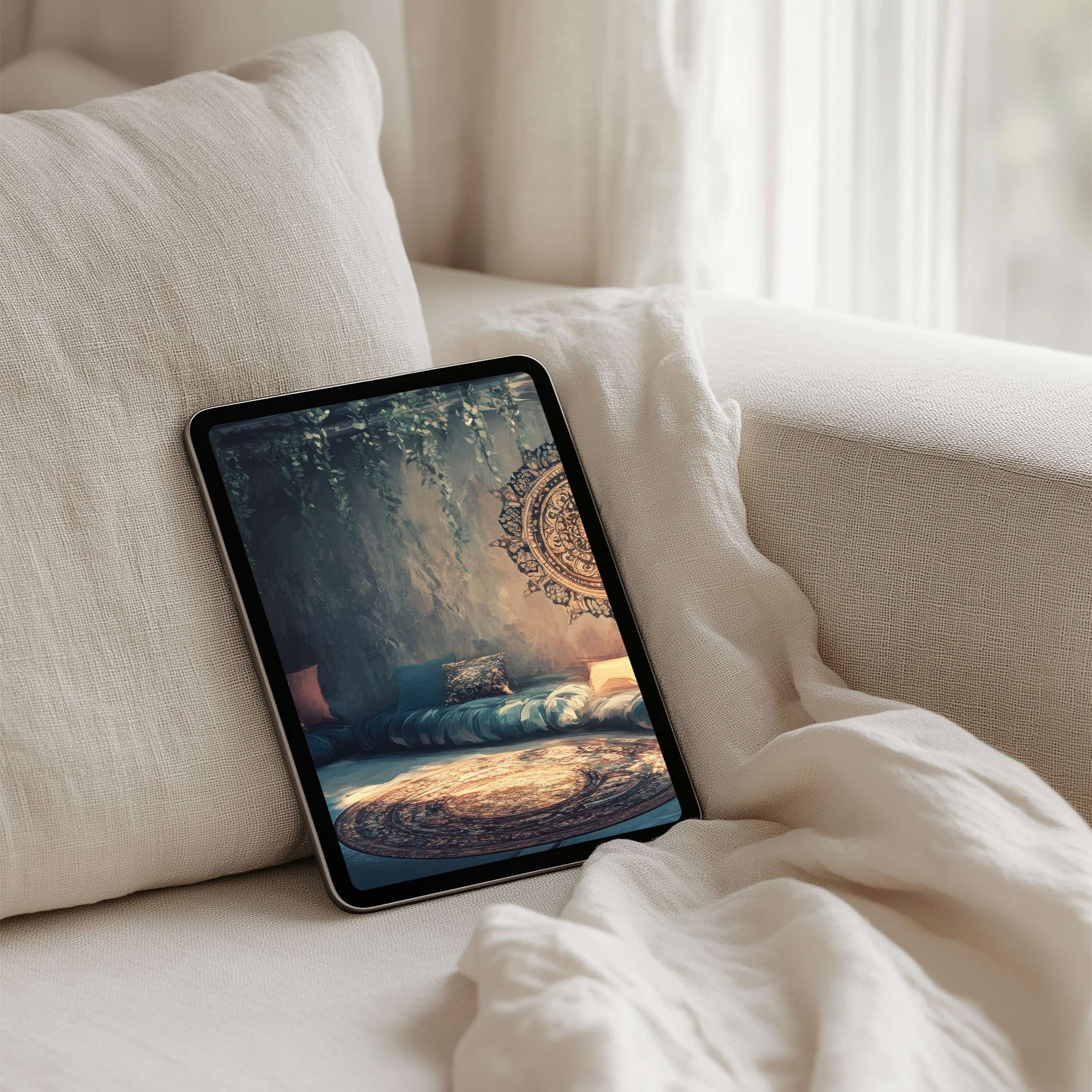 Elegant iPad background for instant download captures serene boho decor with lush plants and soft textures perfect for any tablet