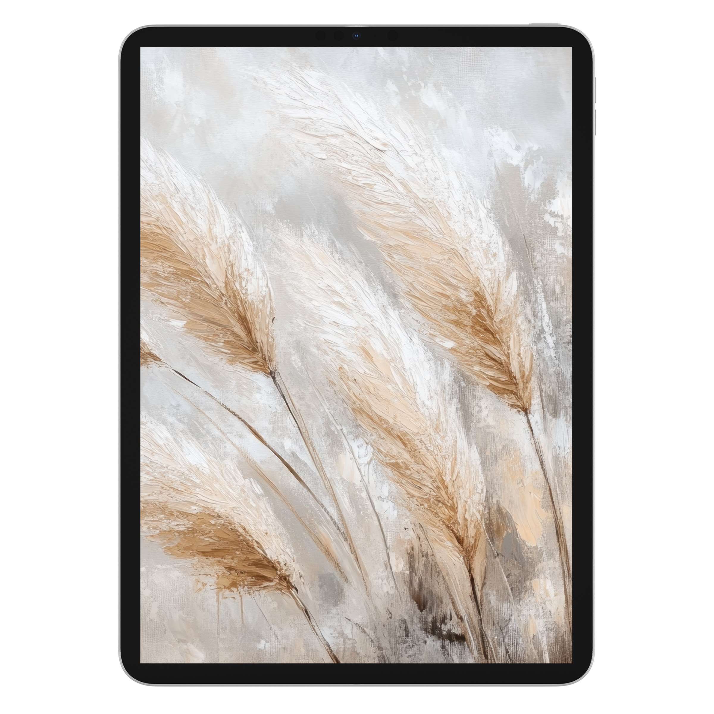 Boho iPad wallpaper featuring elegant pampas grass on a muted digital download background for a serene tablet experience
