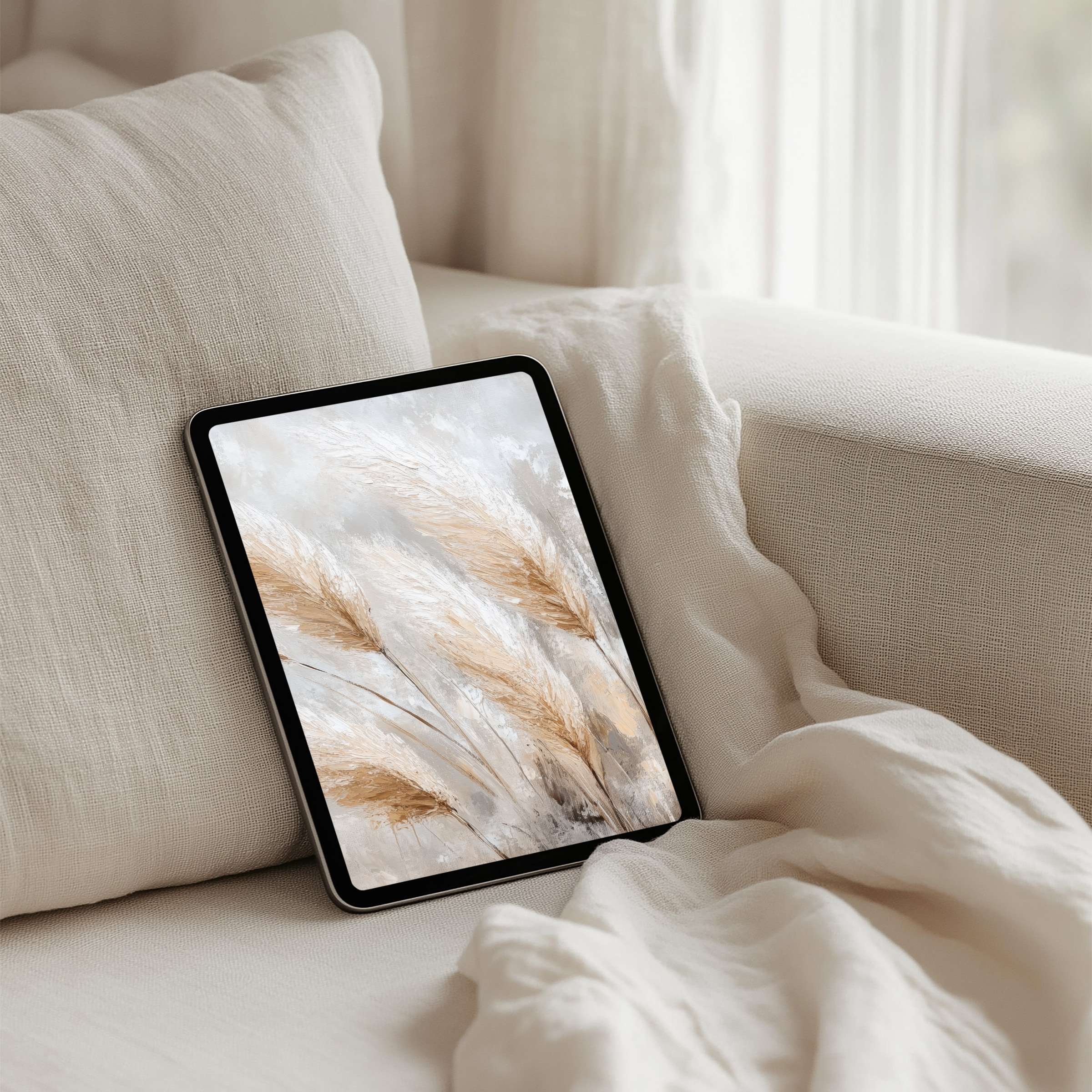 Elegant pampas grass iPad background for instant download inspires calm and mindfulness on any tablet setting in a soothing interior