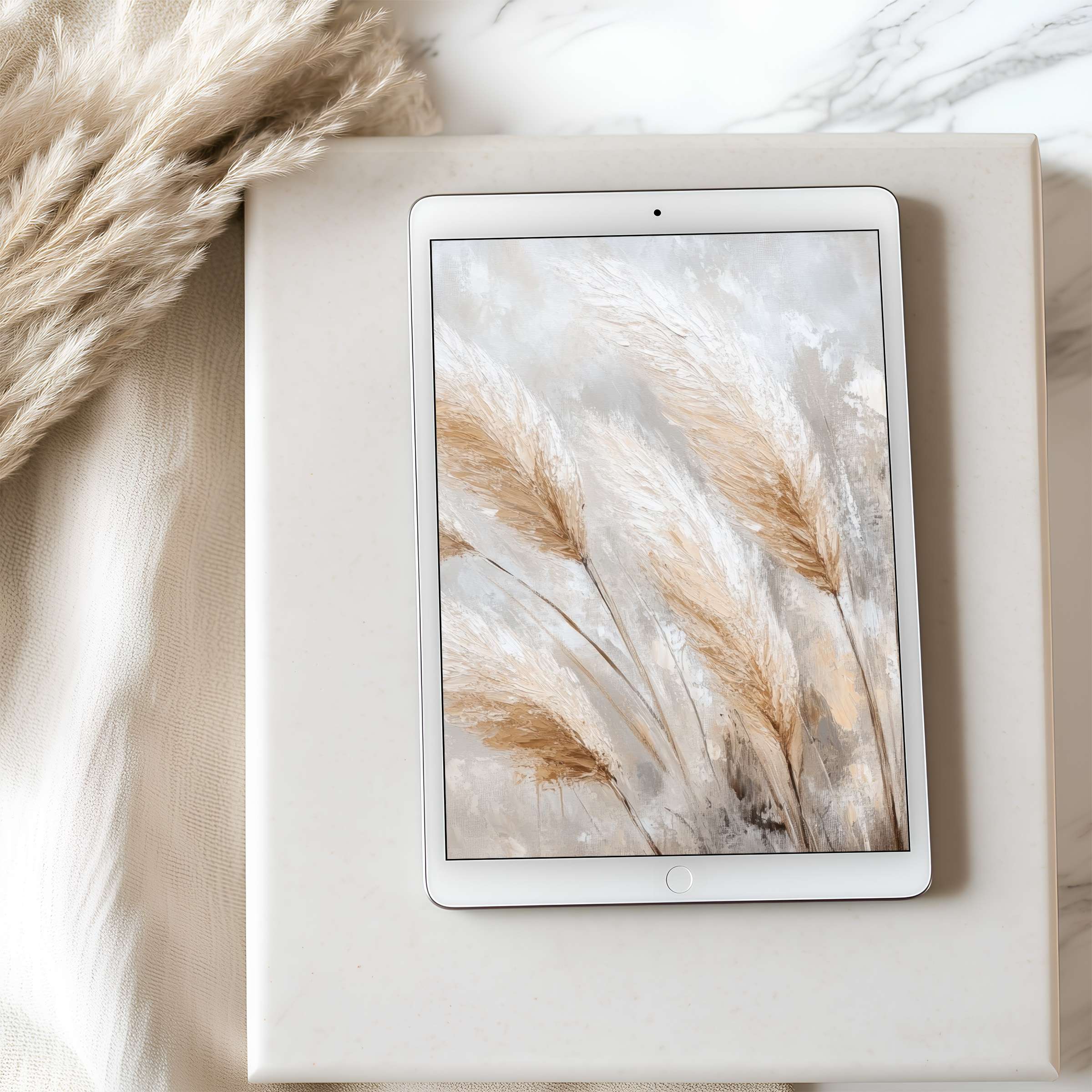 Elegant tablet wallpaper featuring soft pampas art in neutral tones, perfect for iPad or Android tablets, enhancing serene interiors