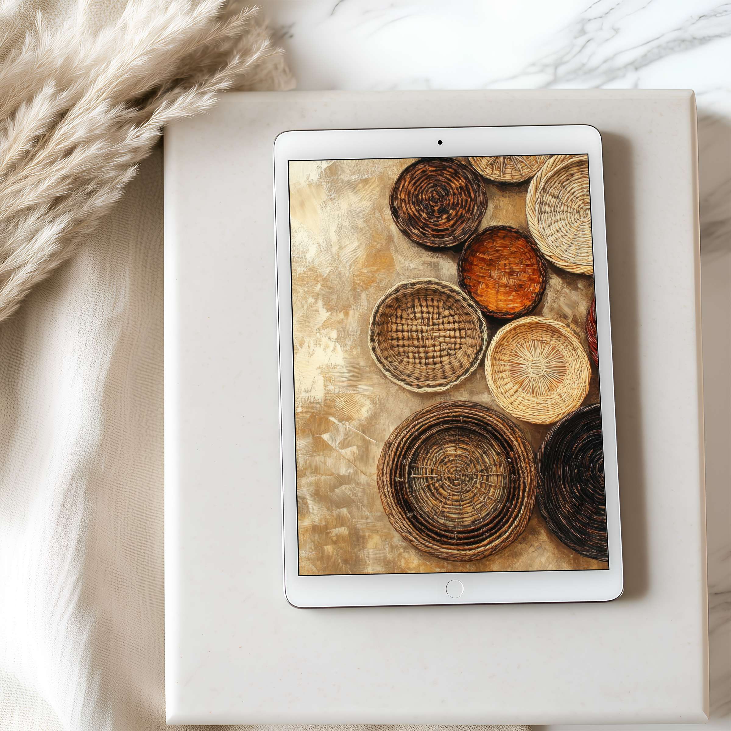 Elegant tablet wallpaper showcasing earthy basket motifs on a high resolution iPad, ideal for calming digital downloads