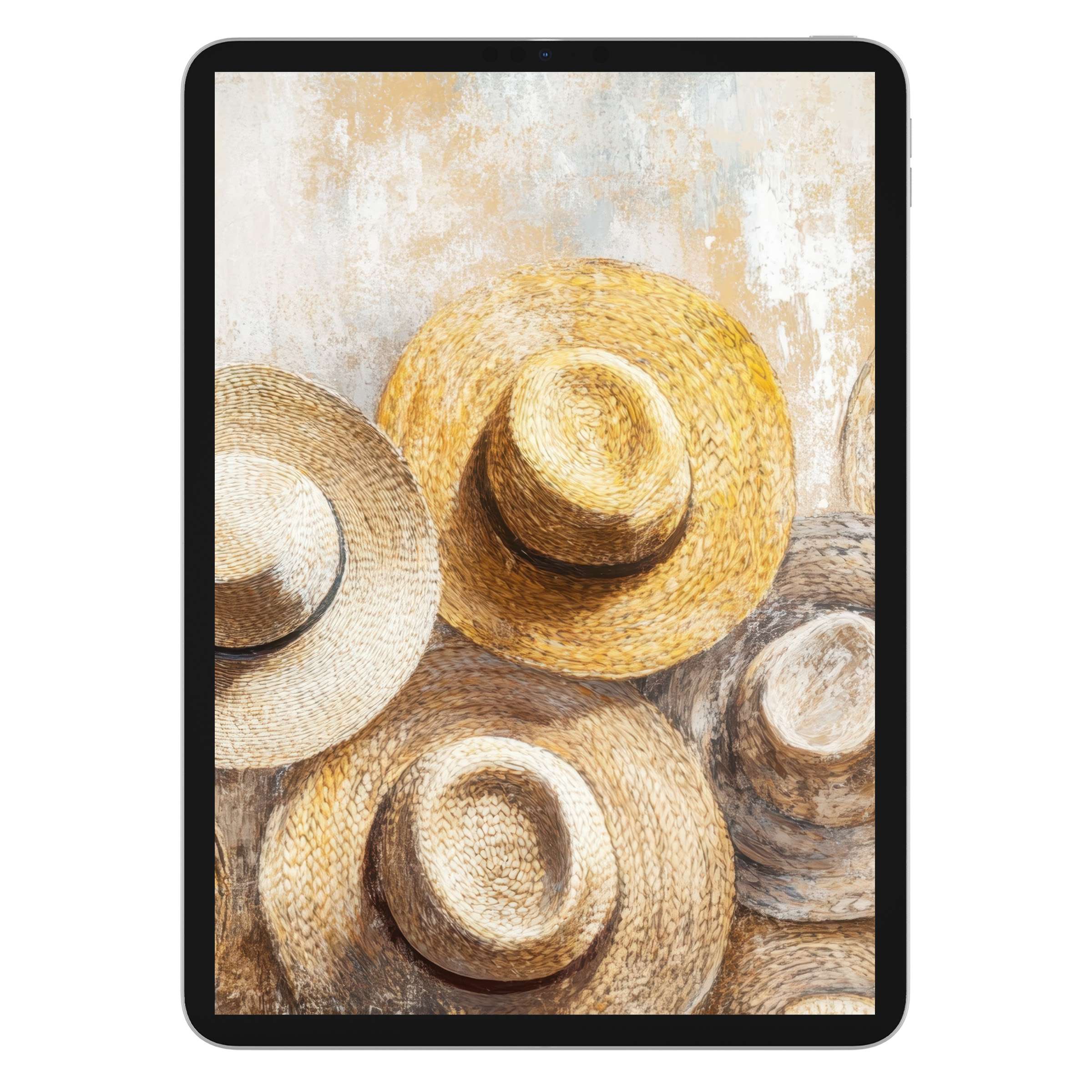Boho iPad wallpaper with woven straw hats for a serene digital download tablet background, blending neutral textures and warmth