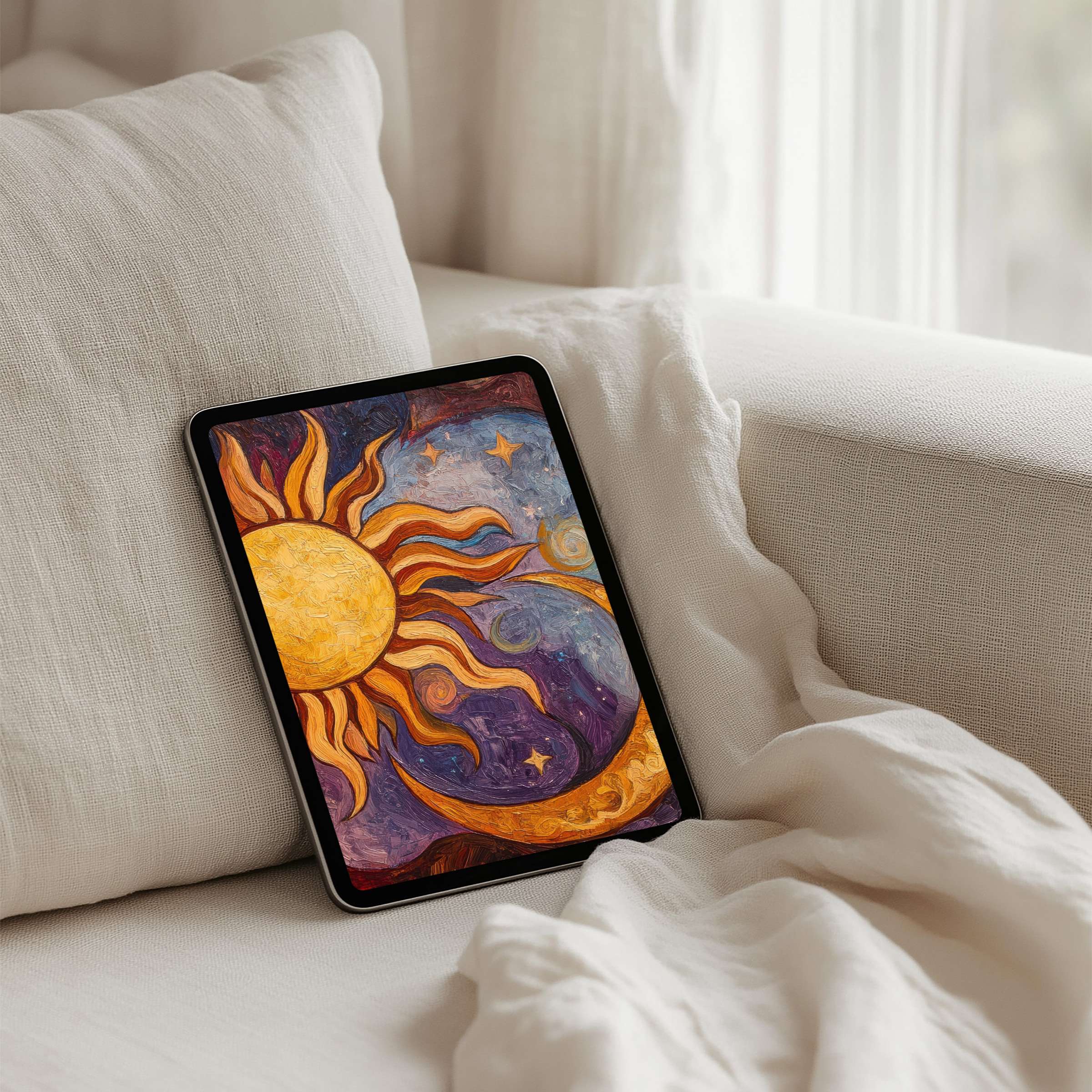 Vibrant sun and moon painting as iPad background offering instant download for tablets evokes calm, elegance, and inspiration