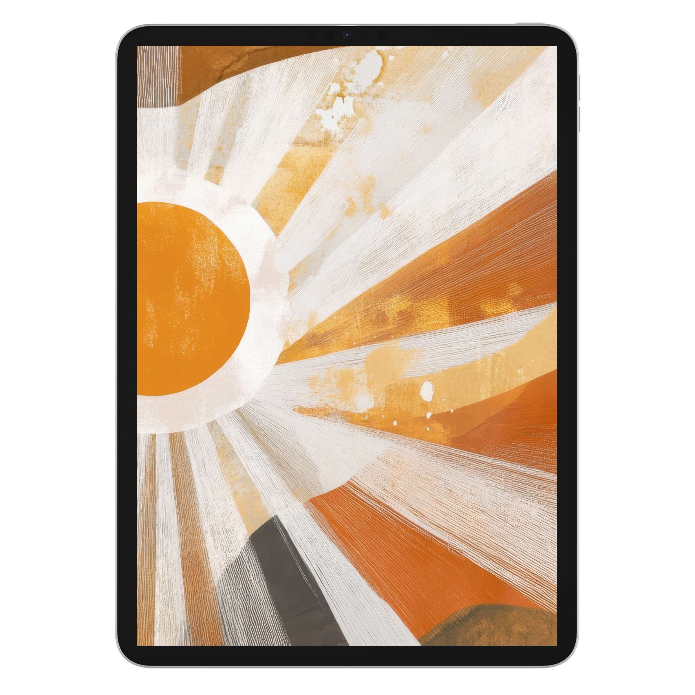Warm sunburst in muted earth tones graces this boho iPad wallpaper digital download, perfect for tablets seeking a soothing background