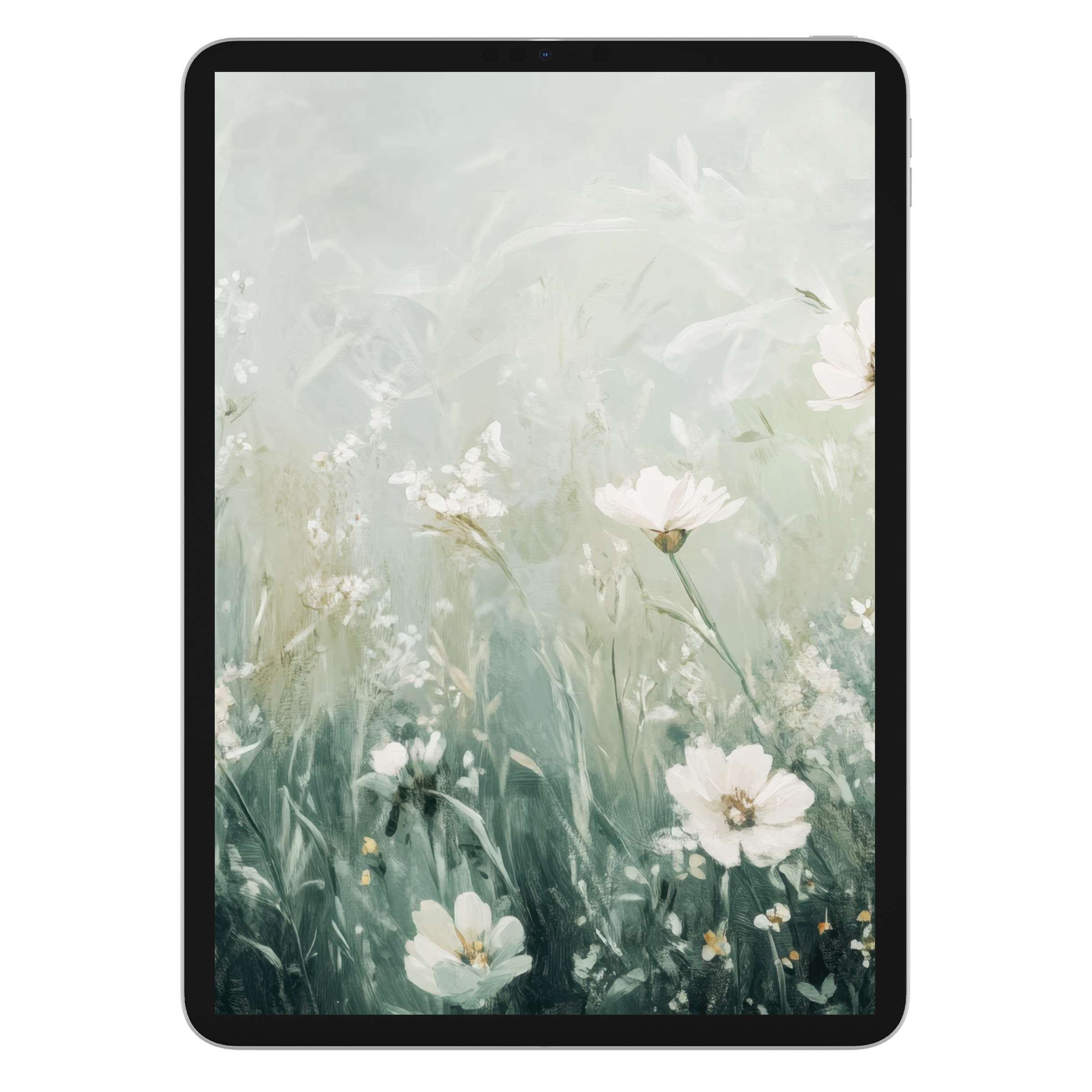Serene boho iPad wallpaper digital download displays lush wildflowers in soft greens and whites, ideal for tablet backgrounds