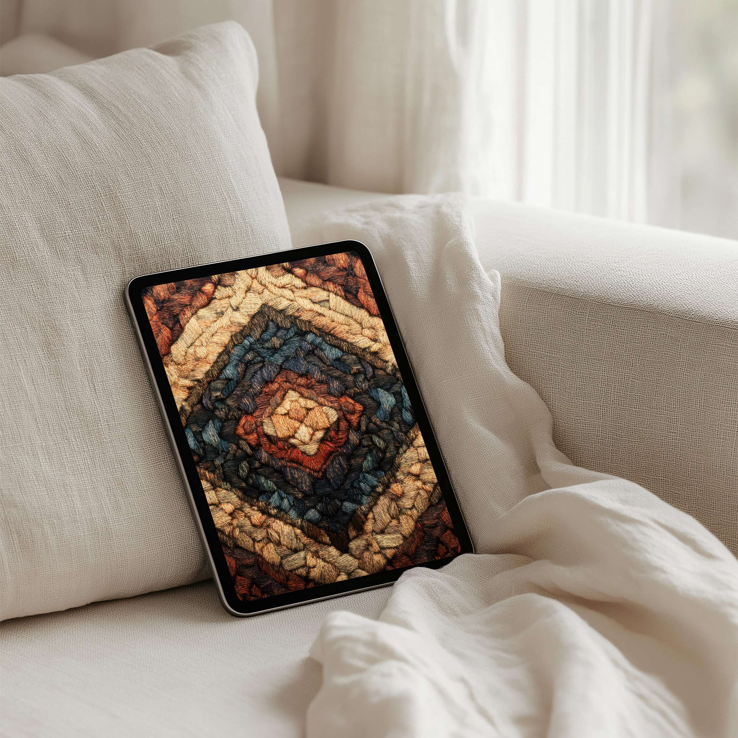Woven tapestry iPad background offers instant download for any tablet creating a serene and elegant atmosphere on your device
