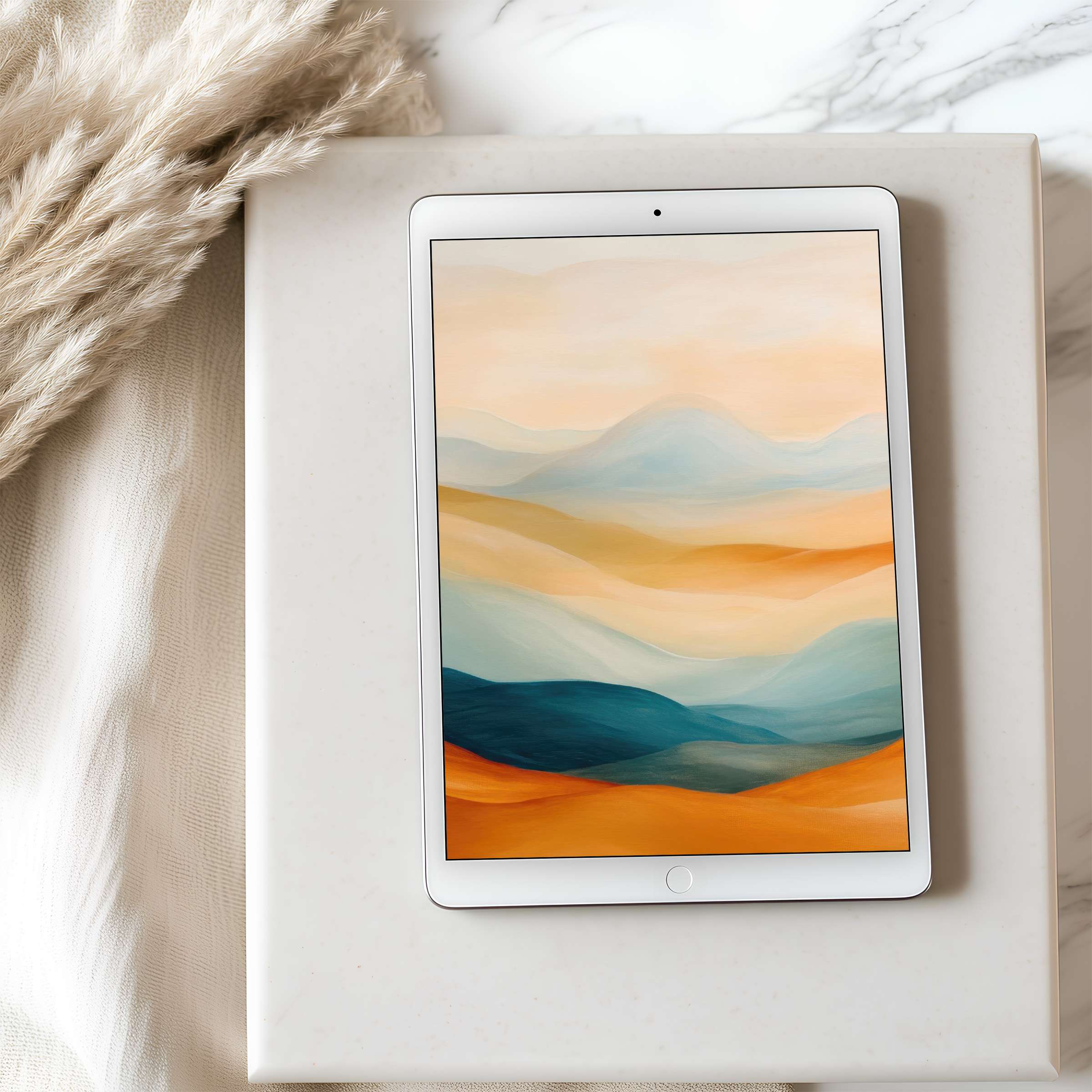 Serene abstract landscape tablet wallpaper in warm tones on iPad, perfect for high resolution digital download, elegant decor integration