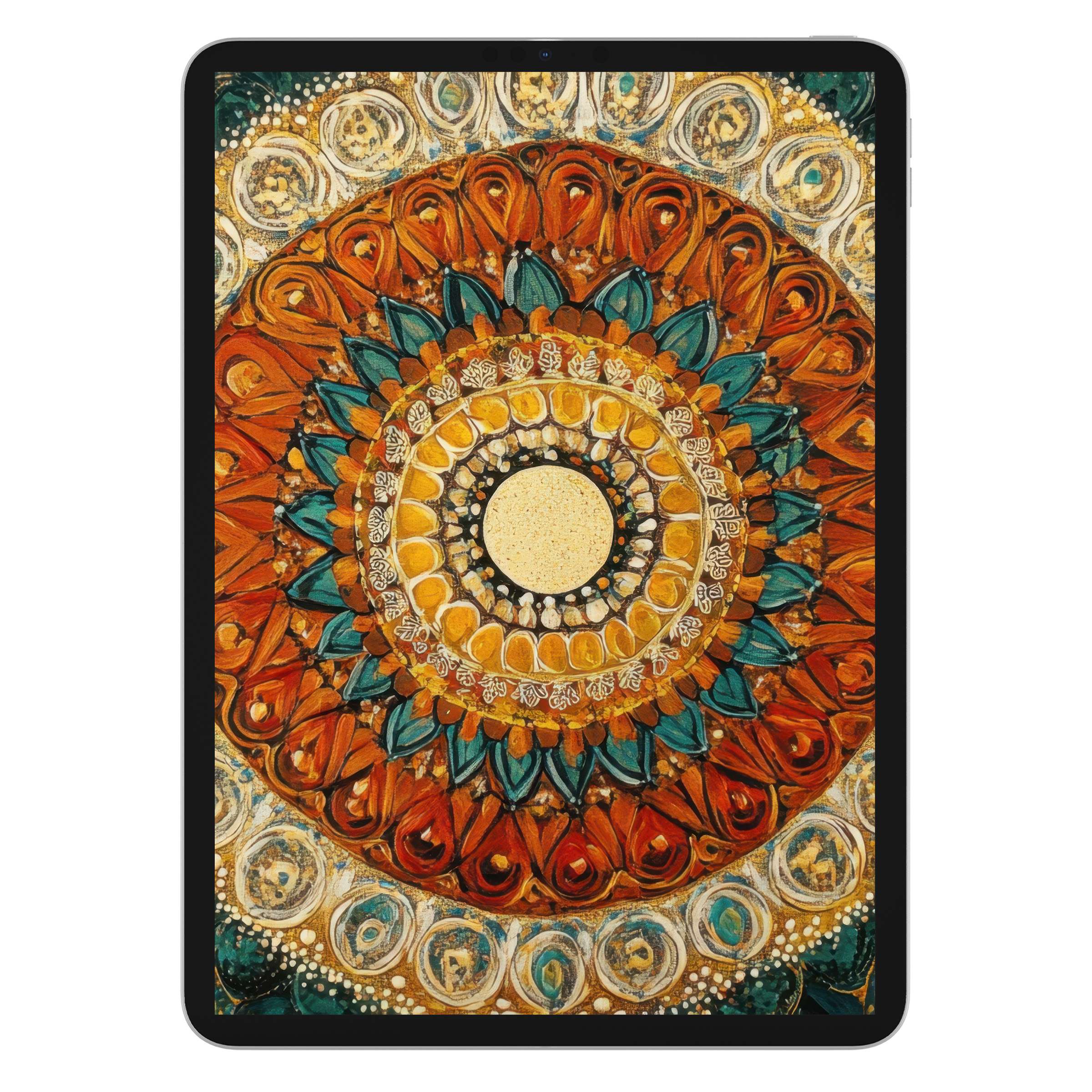 Boho iPad wallpaper with vibrant mandala design in earthy tones, perfect digital download for an elegant tablet background