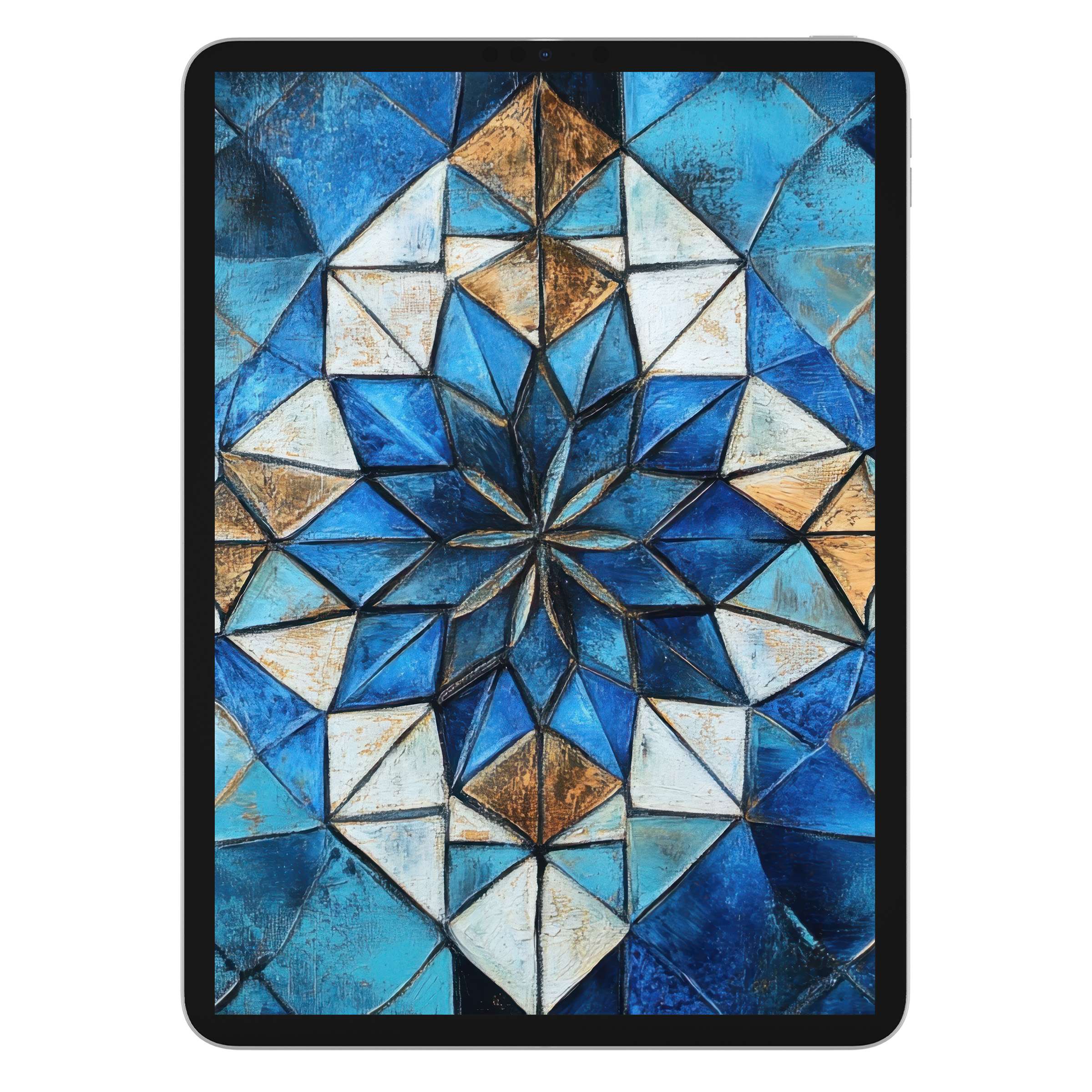 Elegant boho iPad wallpaper in blue geometric mosaic design, ideal digital download for creating a calming tablet background