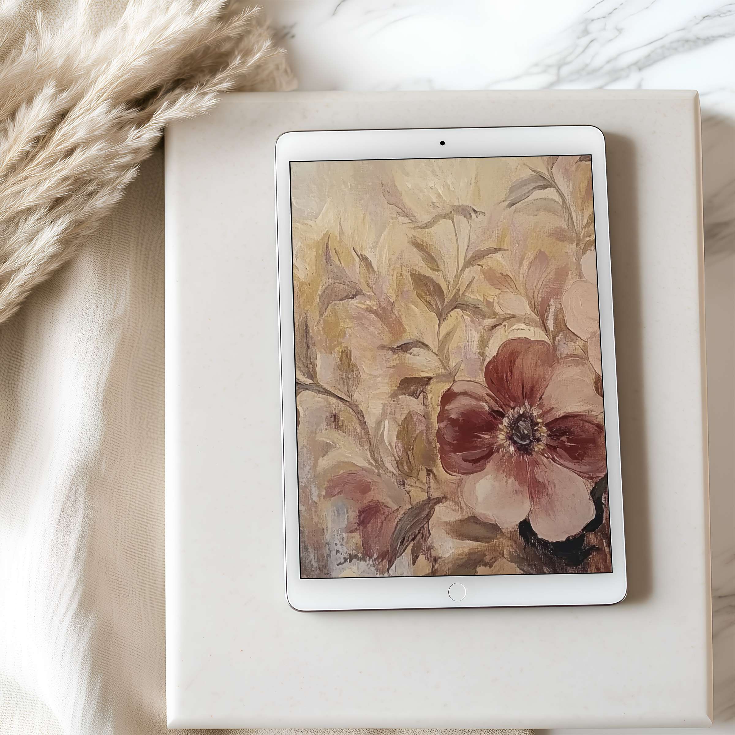 Elegant floral tablet wallpaper in soft beige and blush tones, perfect for iPad high resolution style, digital download for serene ambiance