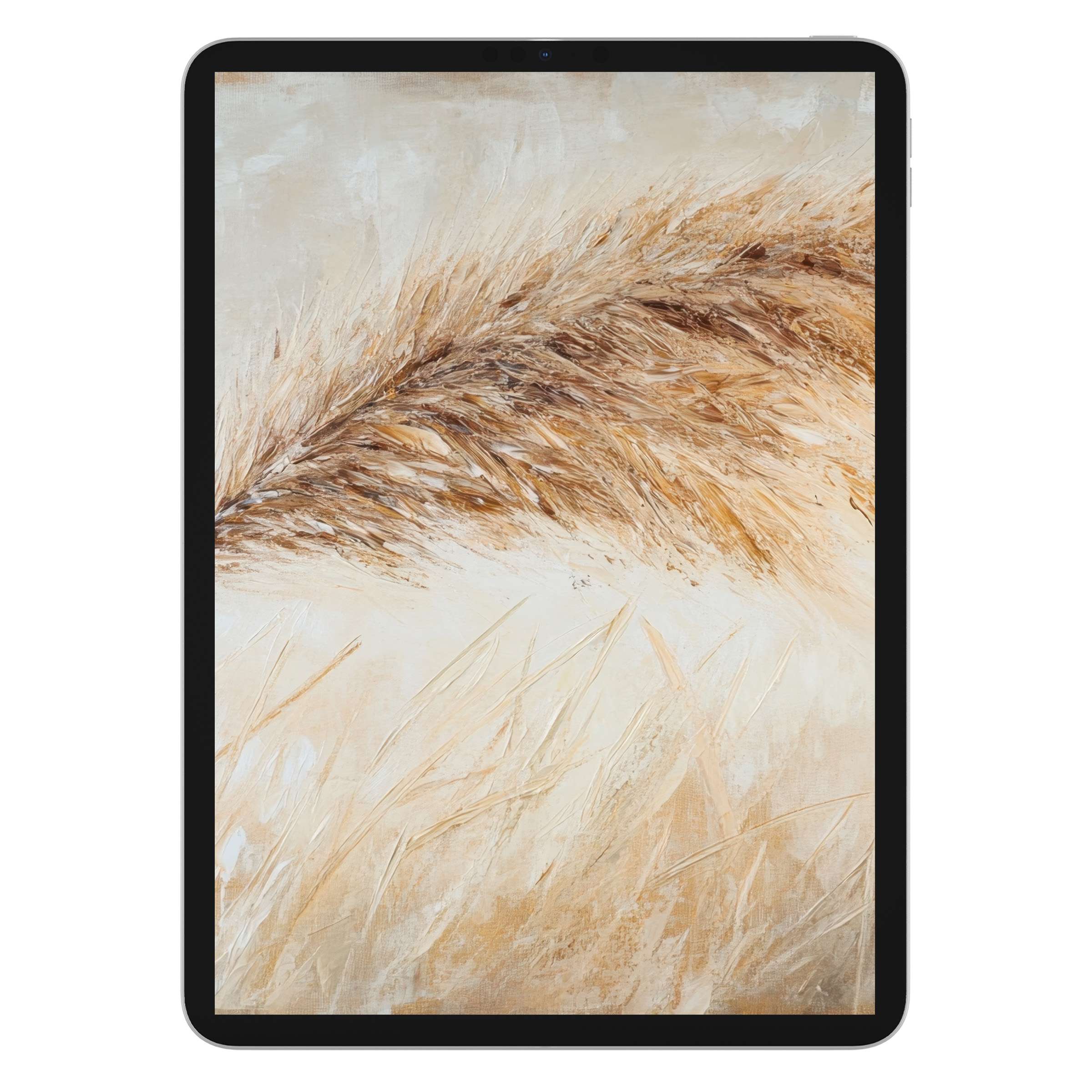 Boho iPad wallpaper featuring a serene beige and brown abstract feather design, perfect tablet background for a calming digital download