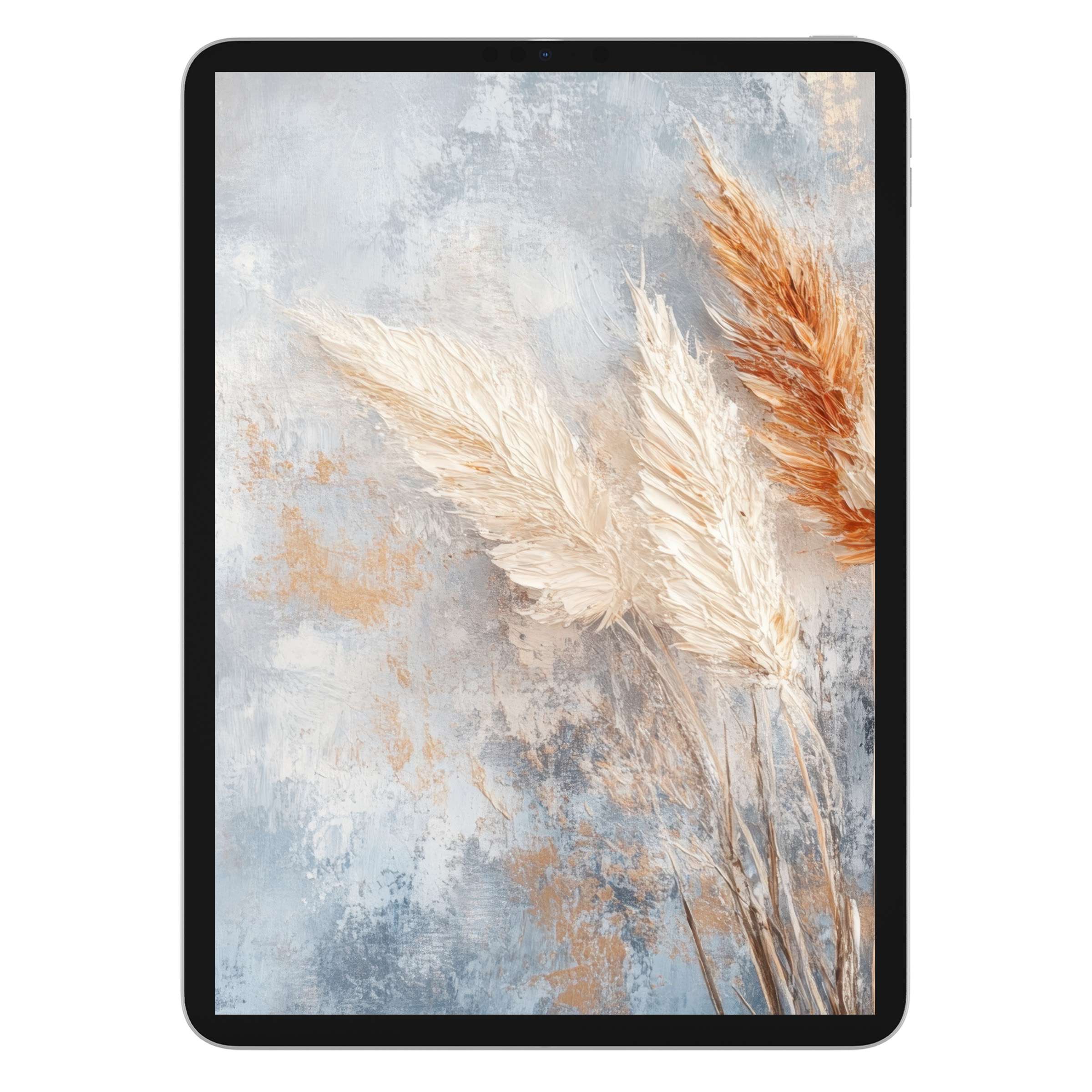 Elegant boho iPad wallpaper featuring soft pampas grass on a textured pastel background for digital download, perfect for all tablets