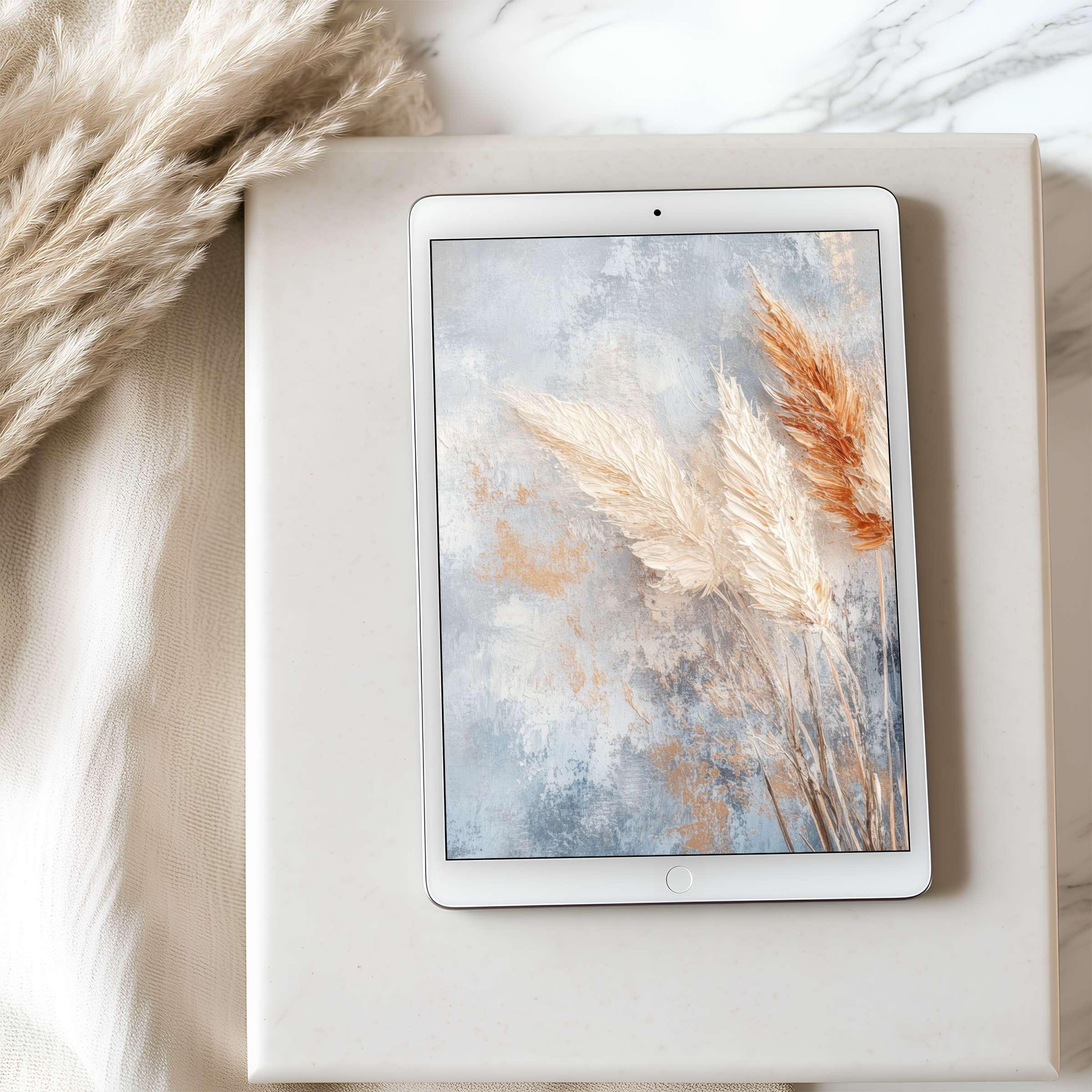 Elegant tablet wallpaper with serene beige and blue abstract design inspires calm, ideal for iPad, Android, high resolution download