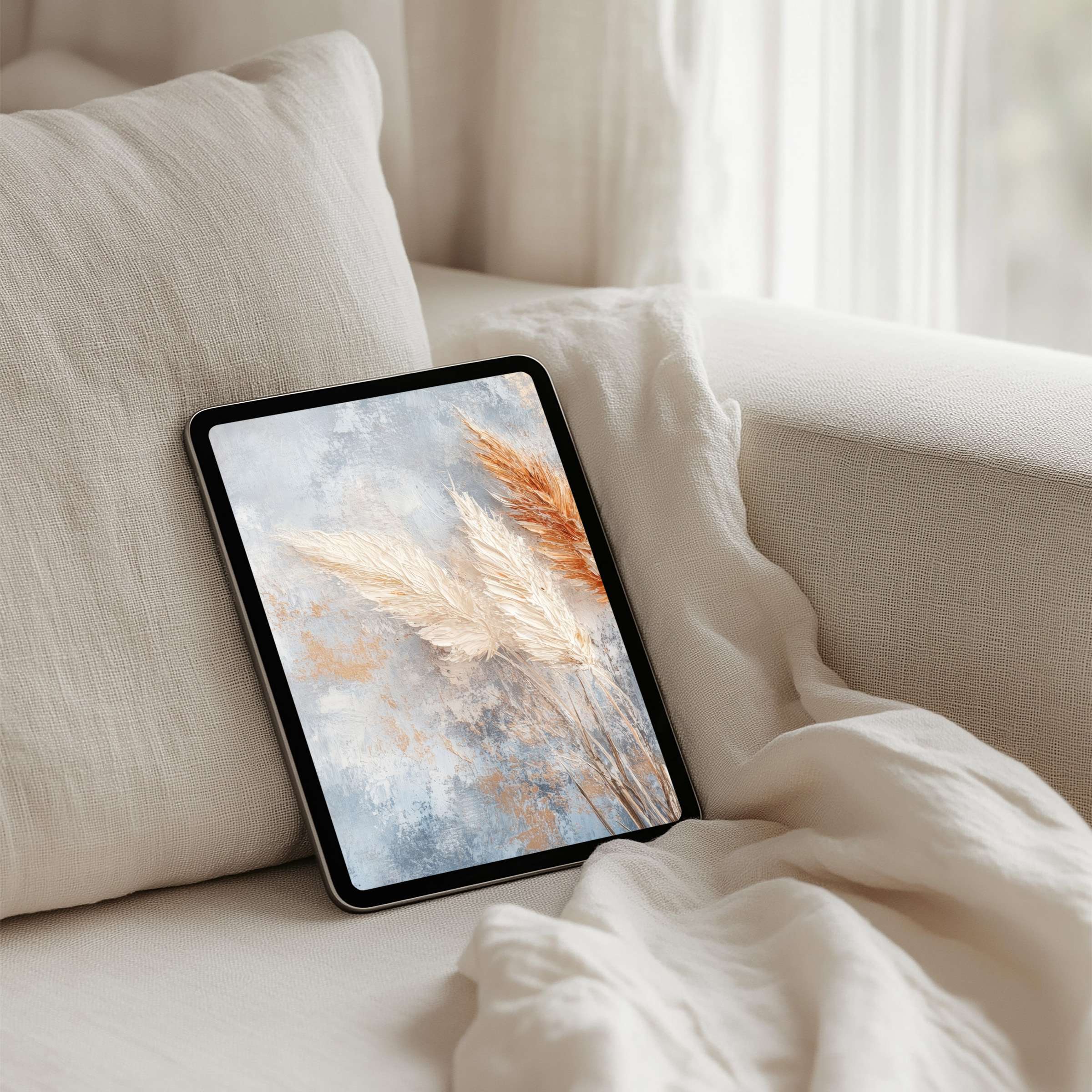 Elegant iPad background with calming pampas on a textured blue and beige canvas perfect for instant download to any tablet
