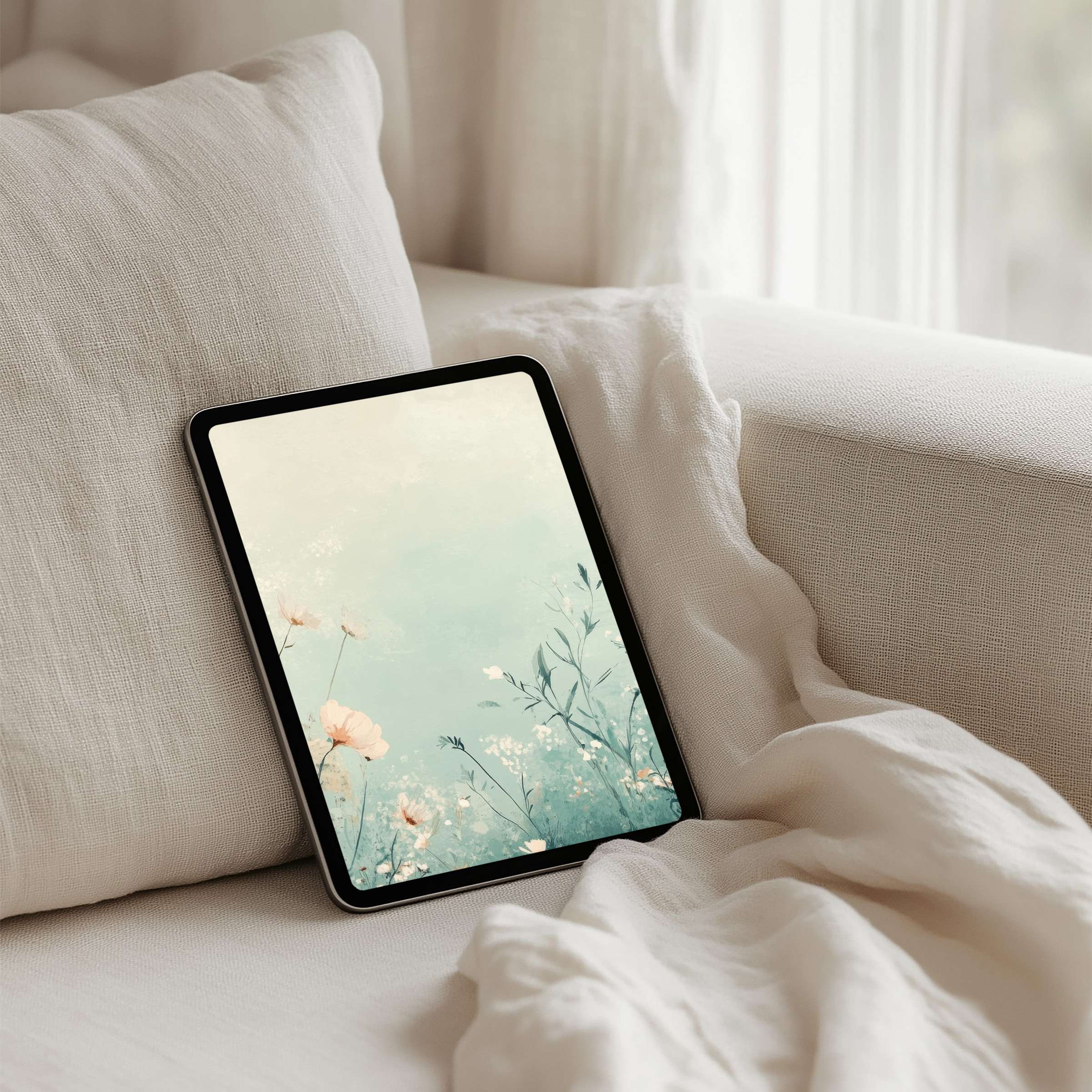Elegant floral iPad background in soft pastels, perfect for mindful moments on any tablet, offers instant download for calm vibes