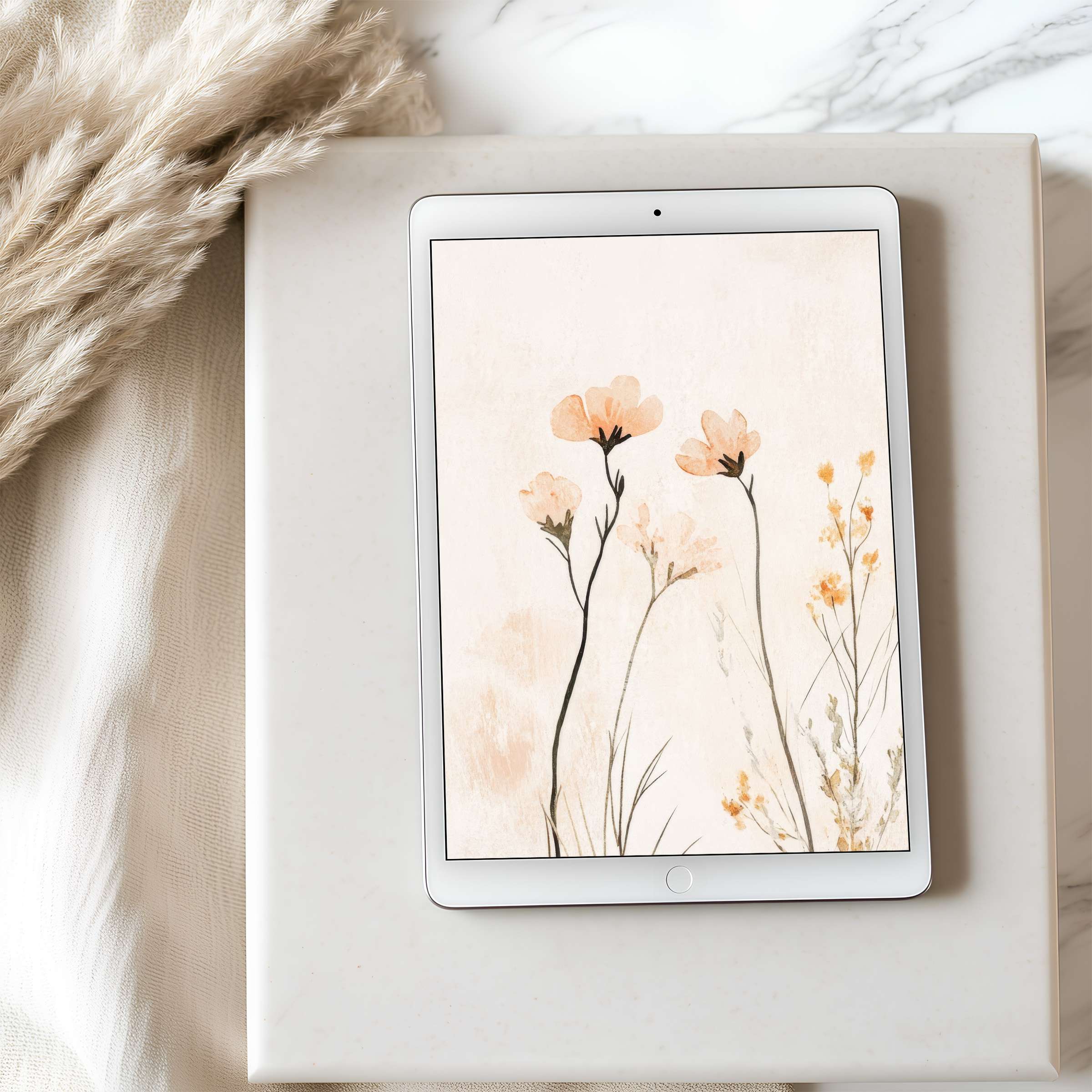 Elegant floral tablet wallpaper in soft pastels, perfect for iPad or Android tablets, offering tranquility and high resolution digital download