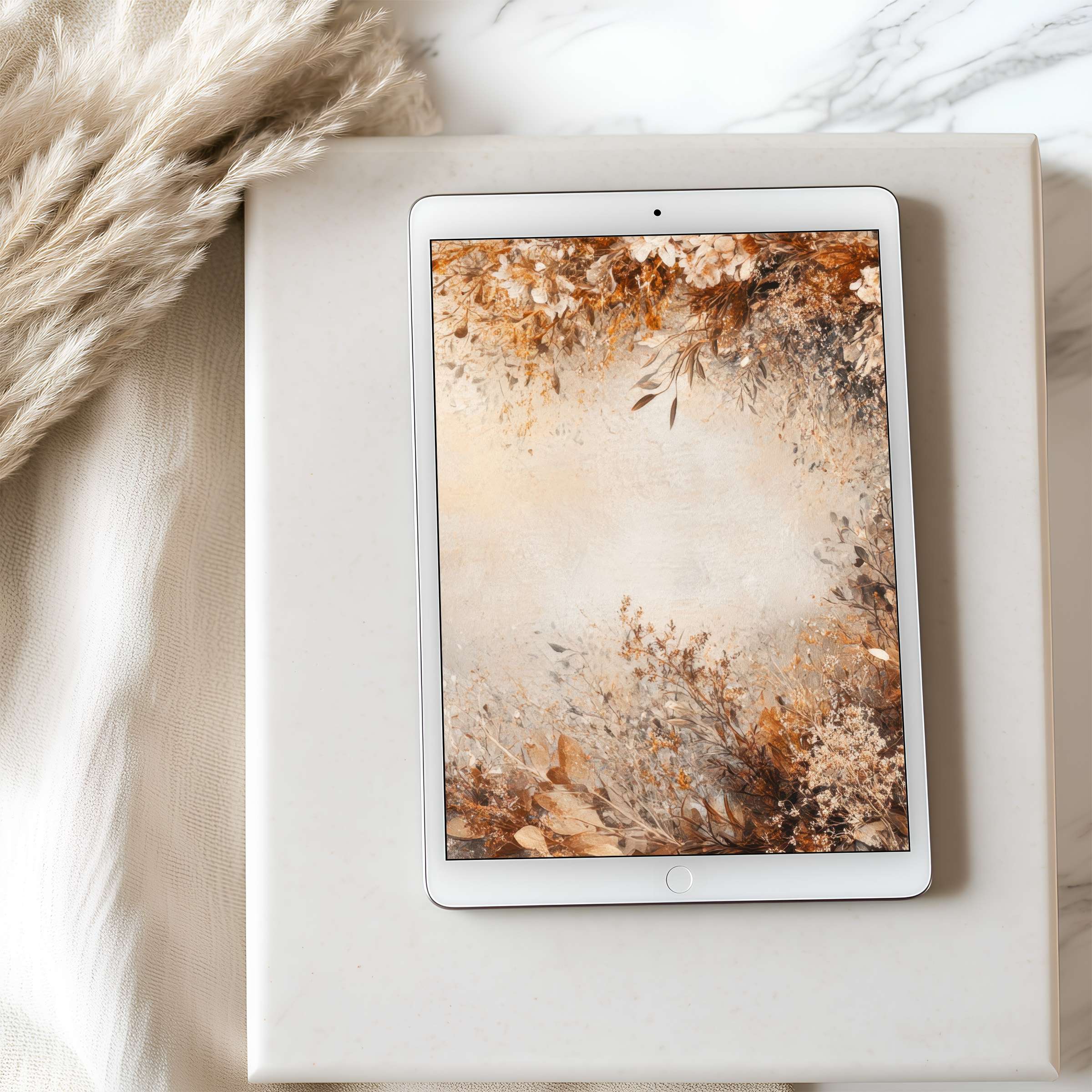 Elegant tablet wallpaper featuring autumnal florals in warm earthy tones, perfect for high resolution iPad or Android downloads enhancing decor