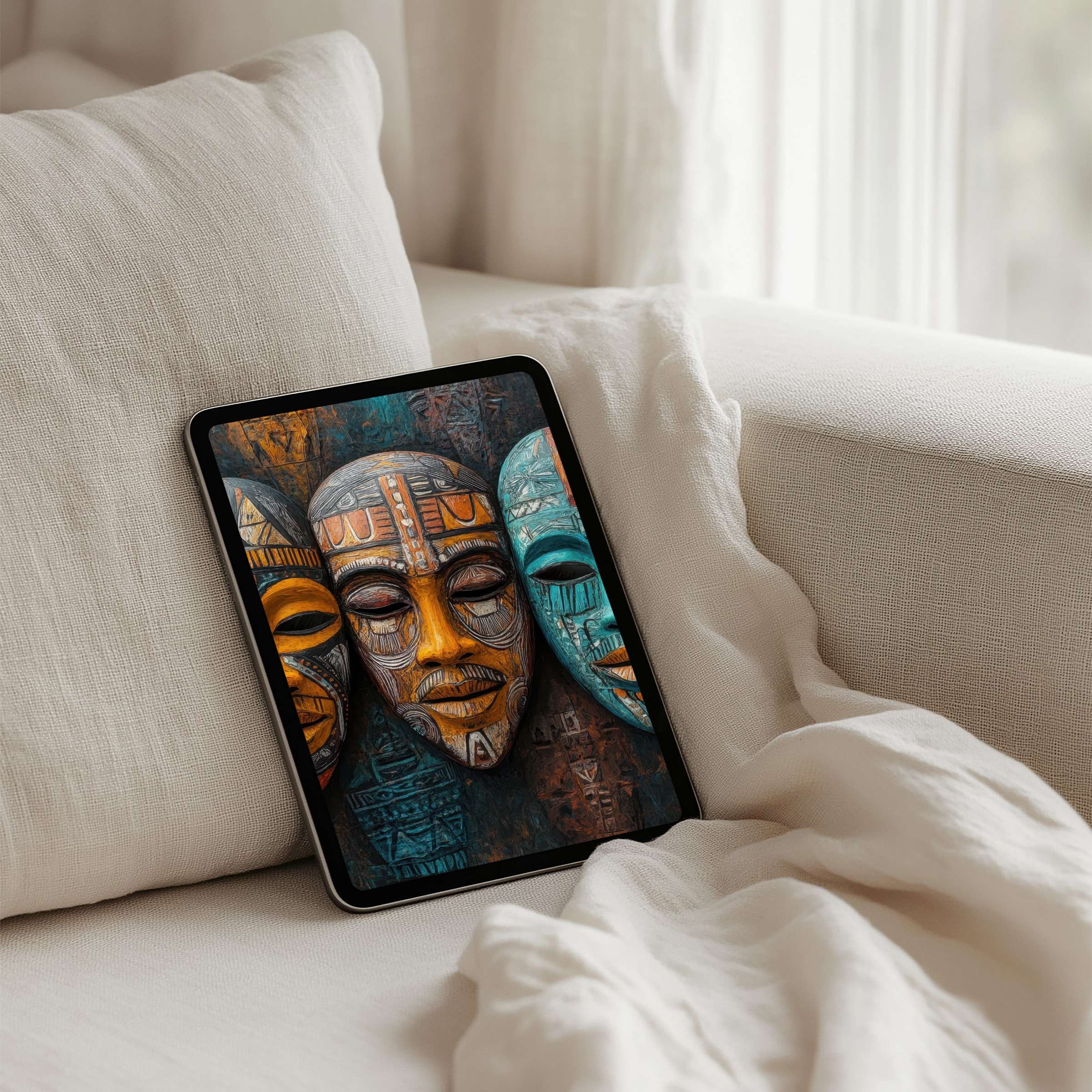 Elegant African mask art creates a calming tablet iPad background for instant download inspiring mindfulness and sophistication