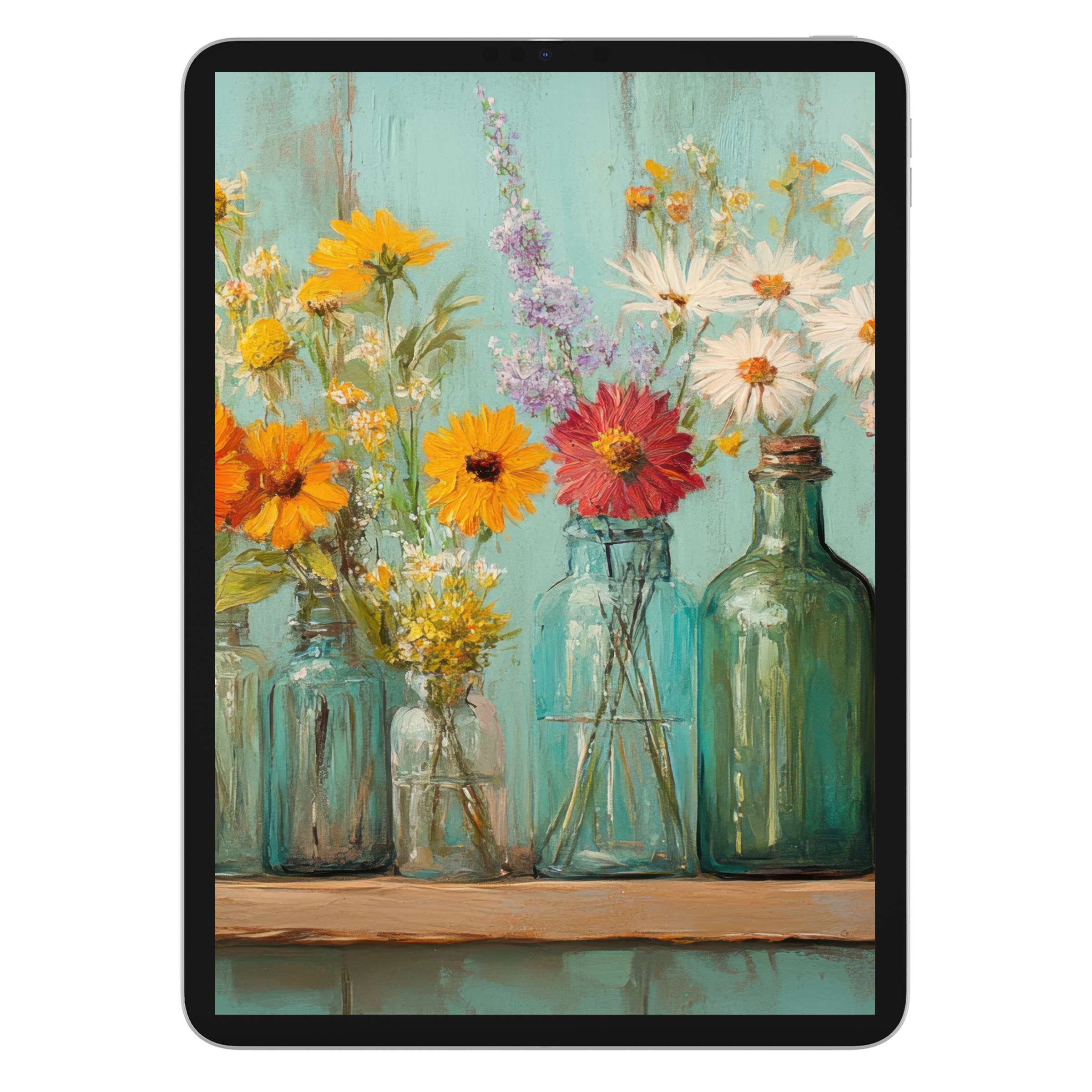 Boho iPad wallpaper with colorful wildflowers in glass jars on a teal background, perfect digital download for tablet serenity seekers
