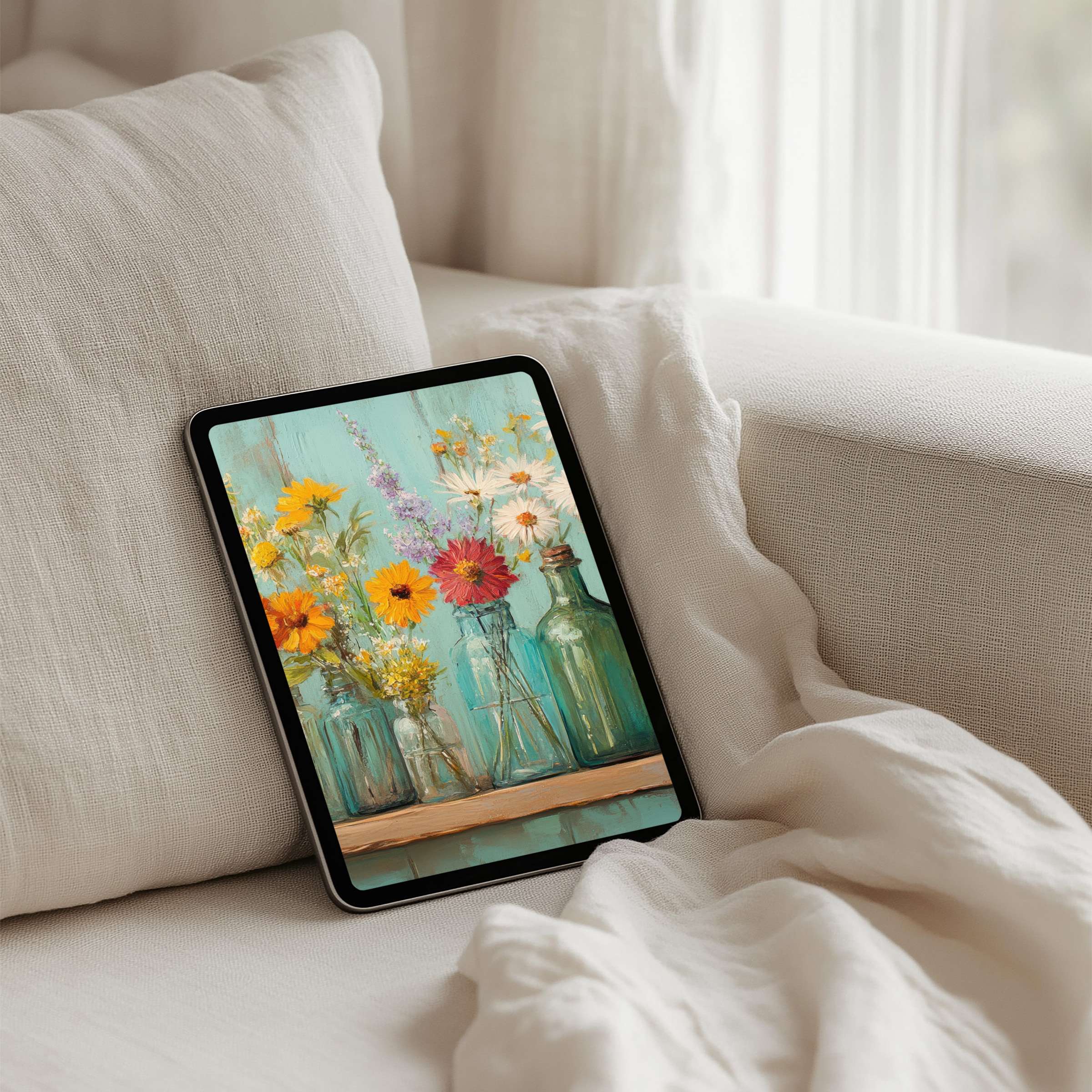 Serene floral iPad background with rustic textures and calming pastel hues for instant download on any tablet device
