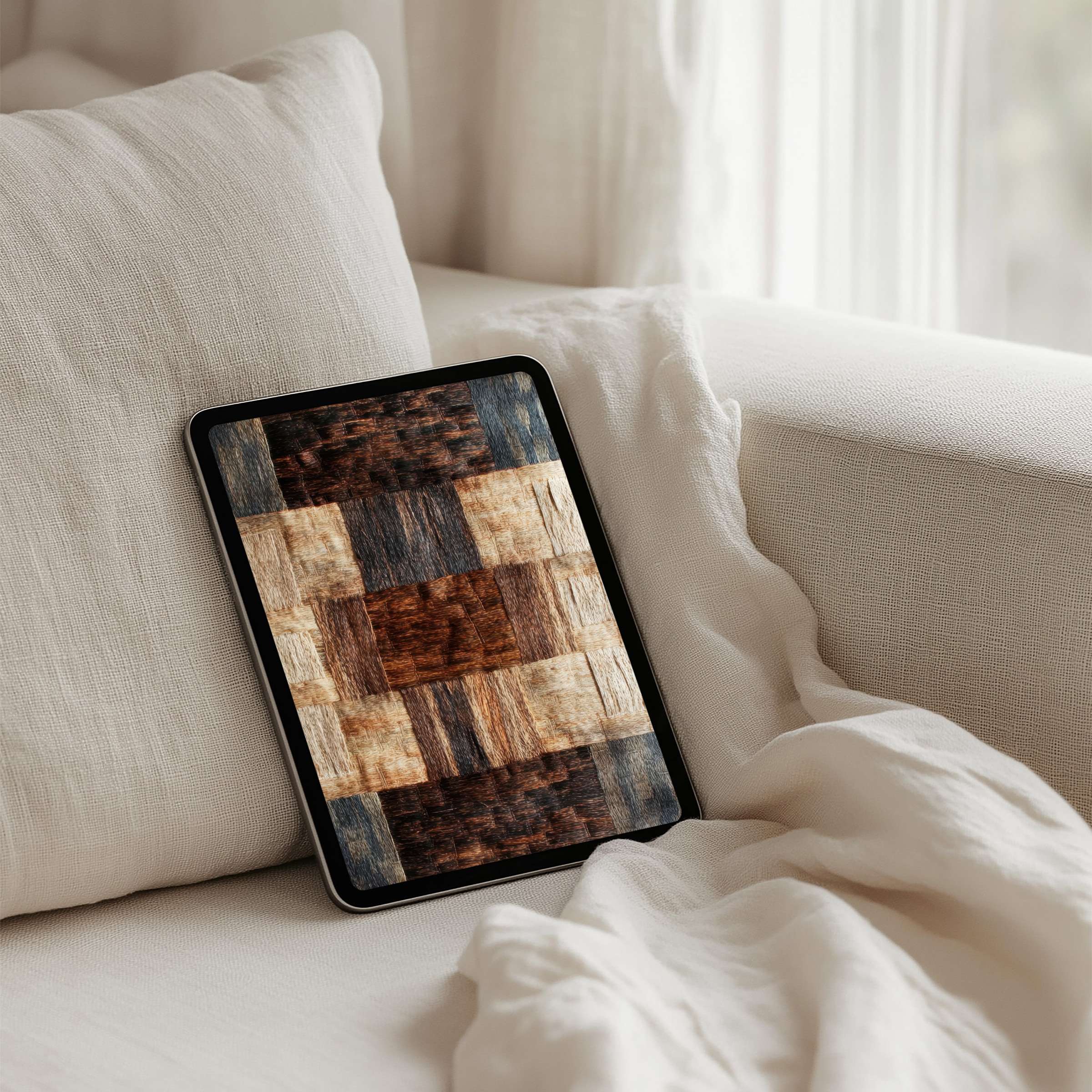 Elegant woven wood iPad background for instant download on any tablet inspires calm and mindfulness in a serene space