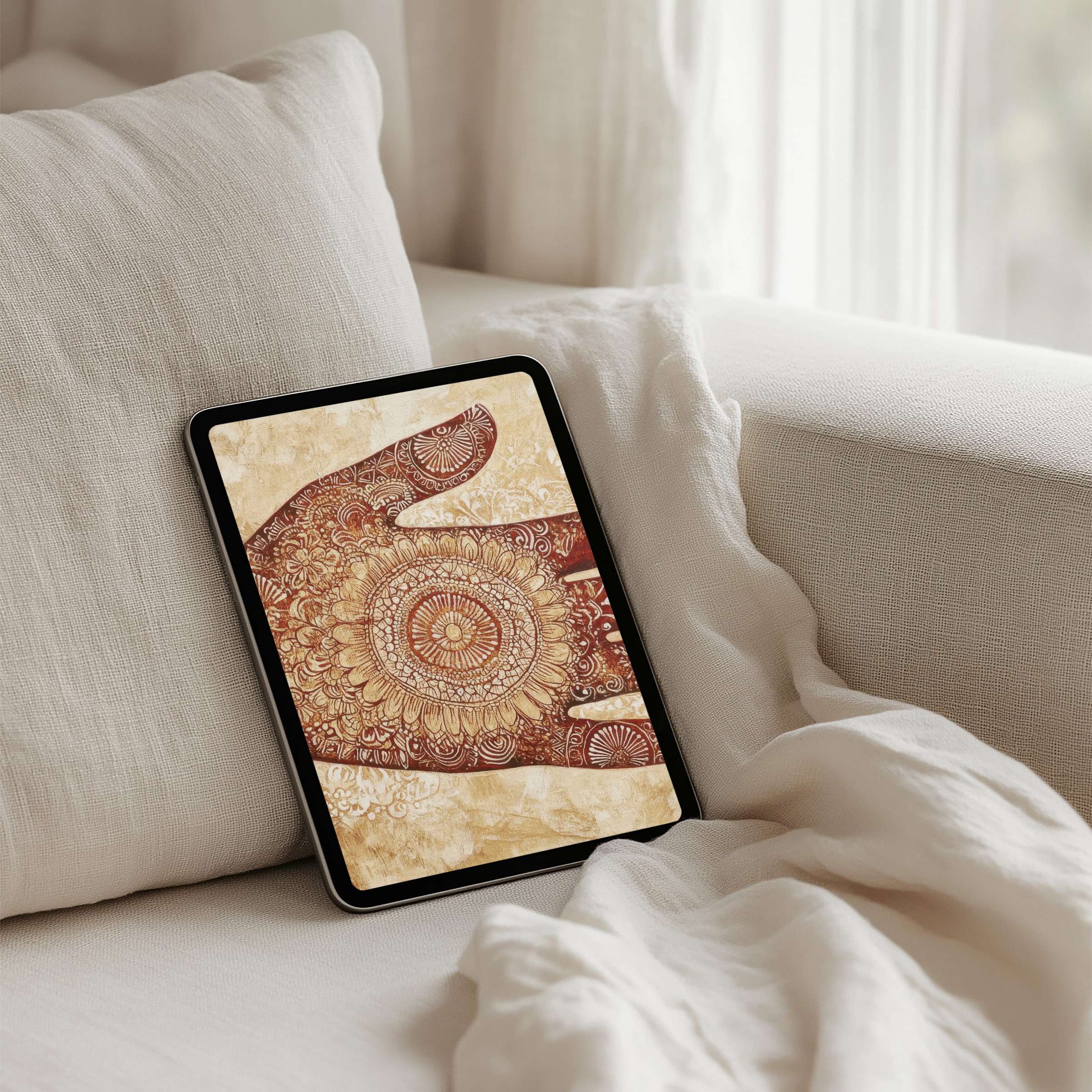 Elegant mandala art in warm earth tones enhances calm as an iPad background, perfect for a tablet instant download