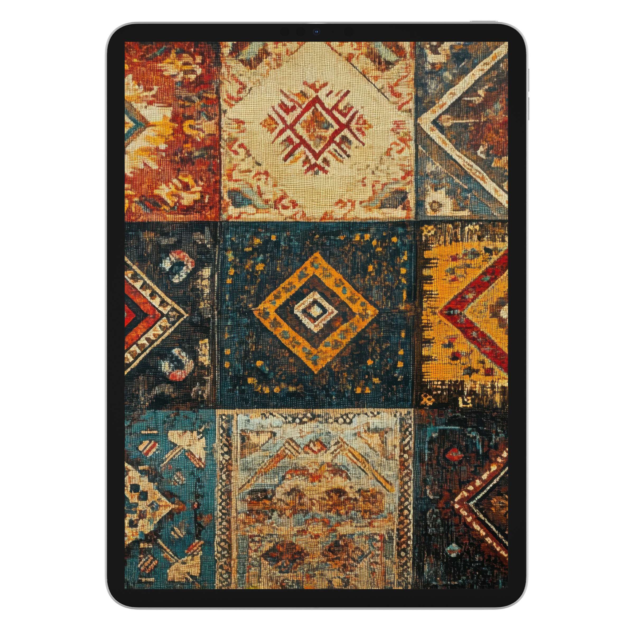 Vibrant boho iPad wallpaper with an abstract patchwork design offers an inspiring background for digital download on any tablet