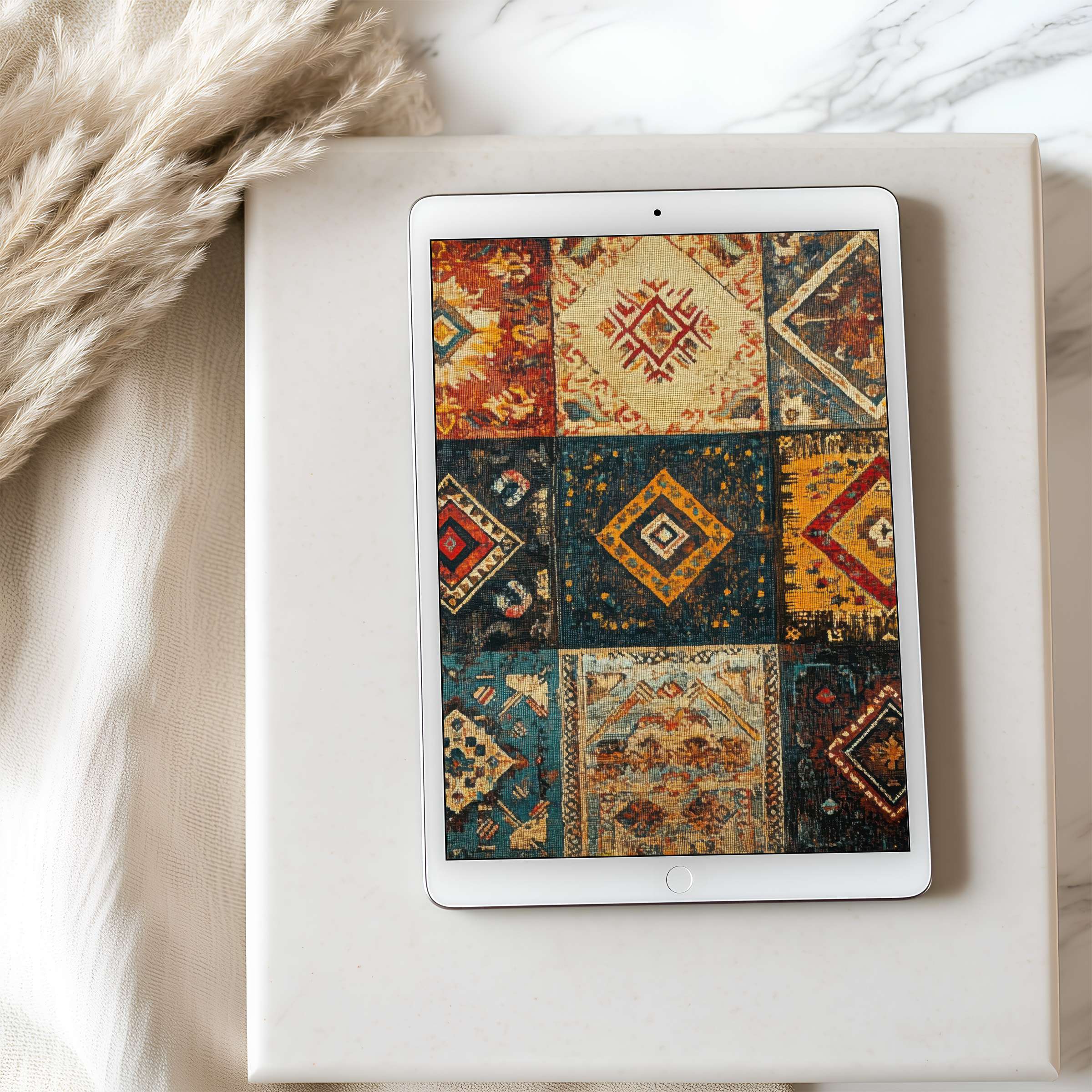 Colorful geometric motifs on curated tablet wallpaper offer serene, high resolution visual appeal for iPad and Android, digital download