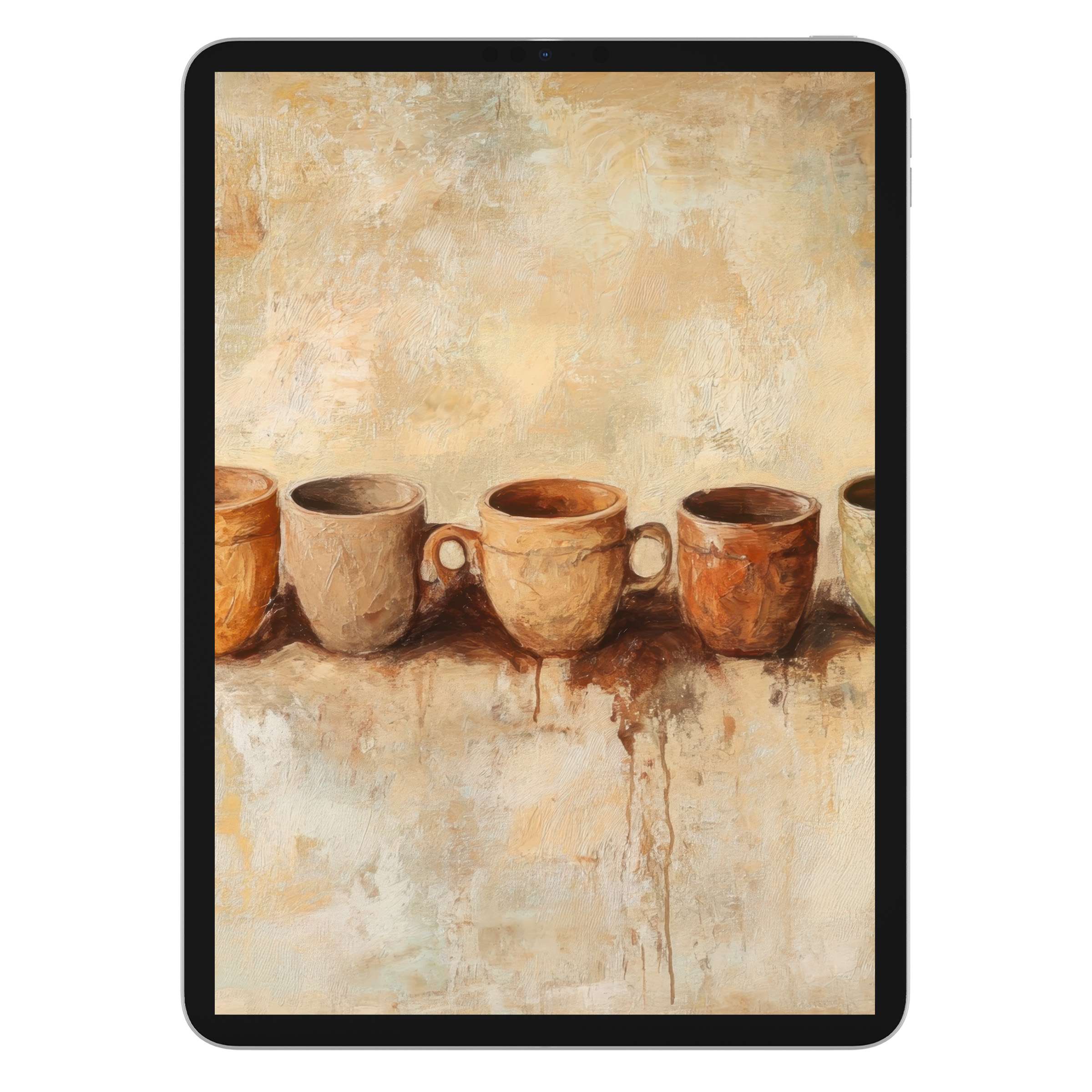 Boho iPad wallpaper featuring earthy-toned cups in a serene, textured digital download background for tablets inspiring calm elegance