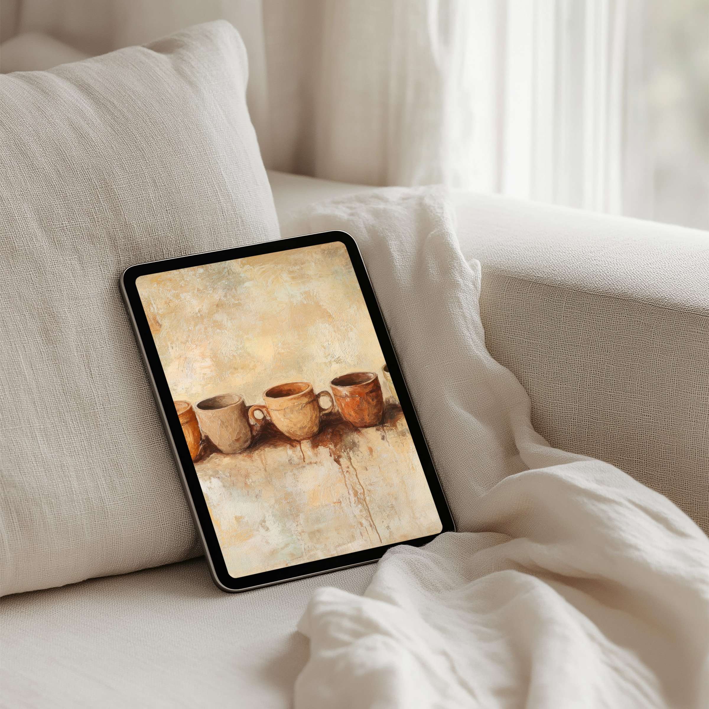 Elegant watercolor cups form a serene iPad background perfect for any tablet offering instant download for mindful aesthetics