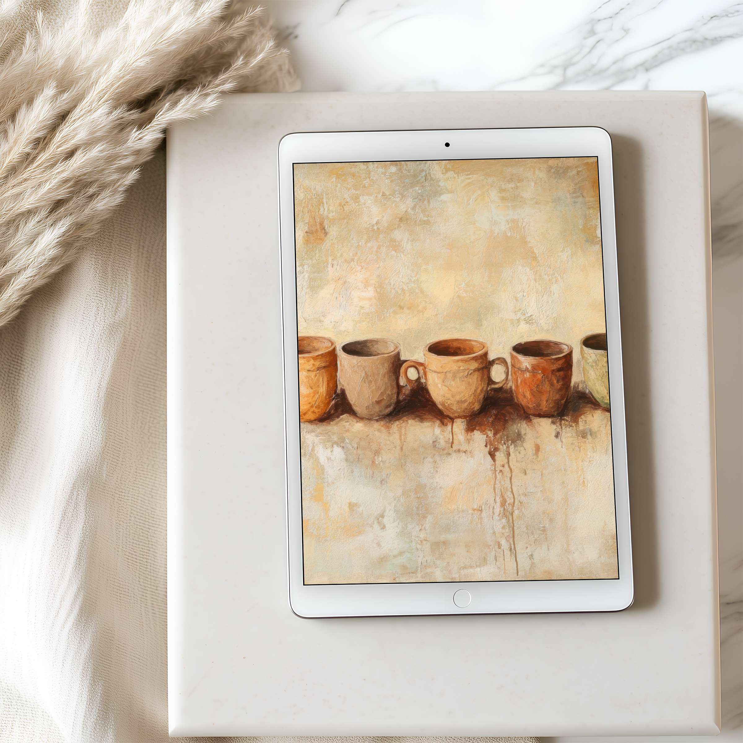 Warm, earthy tones and minimalistic coffee cup artwork create a calming tablet wallpaper for iPad, perfect for digital download