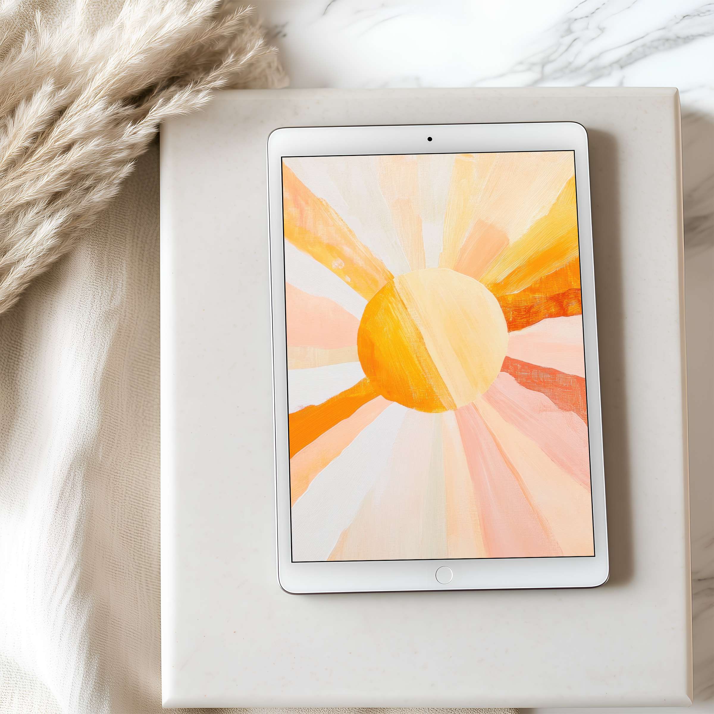 Elegant sunburst abstract in warm hues as tablet wallpaper, ideal for iPad backgrounds, adds serene elegance to any digital space