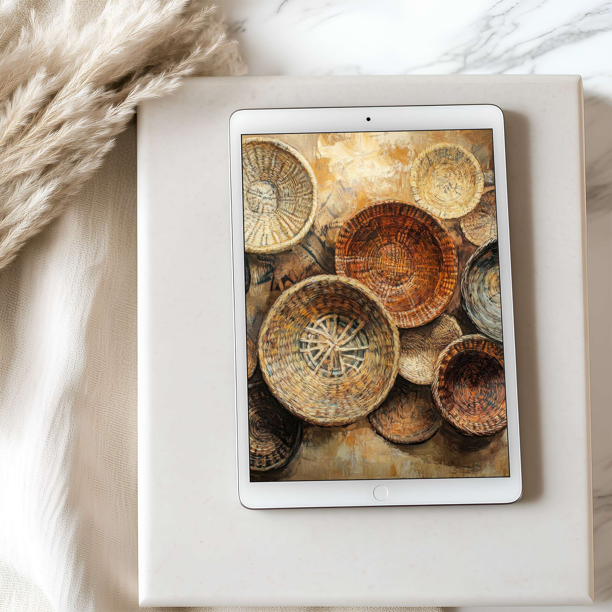 Elegant tablet wallpaper with earthy woven baskets in a calm, tactile aesthetic; high-resolution download for iPad and Android tablets