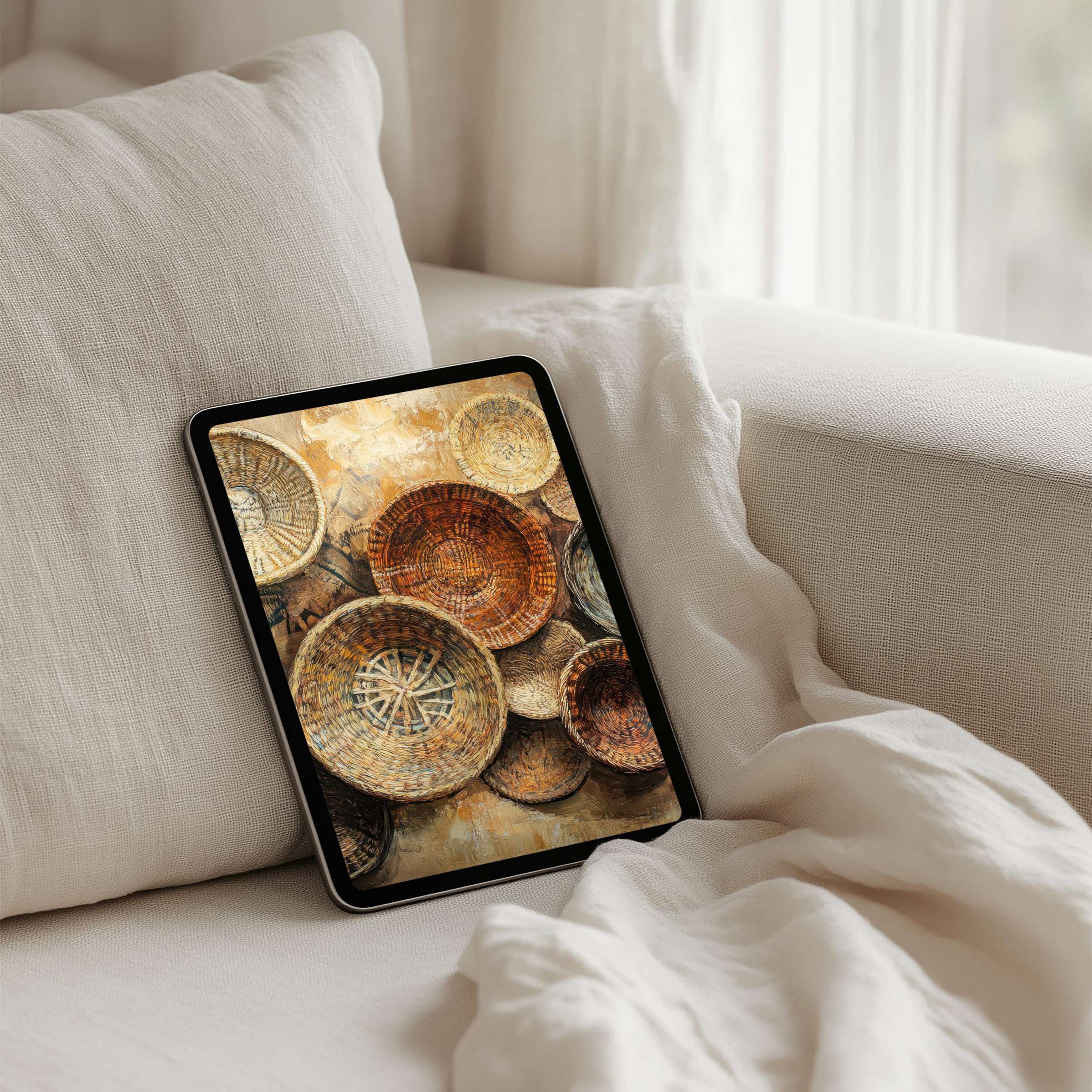 Elegant iPad background featuring woven basket art for instant download; perfect for tablet users seeking mindful aesthetics
