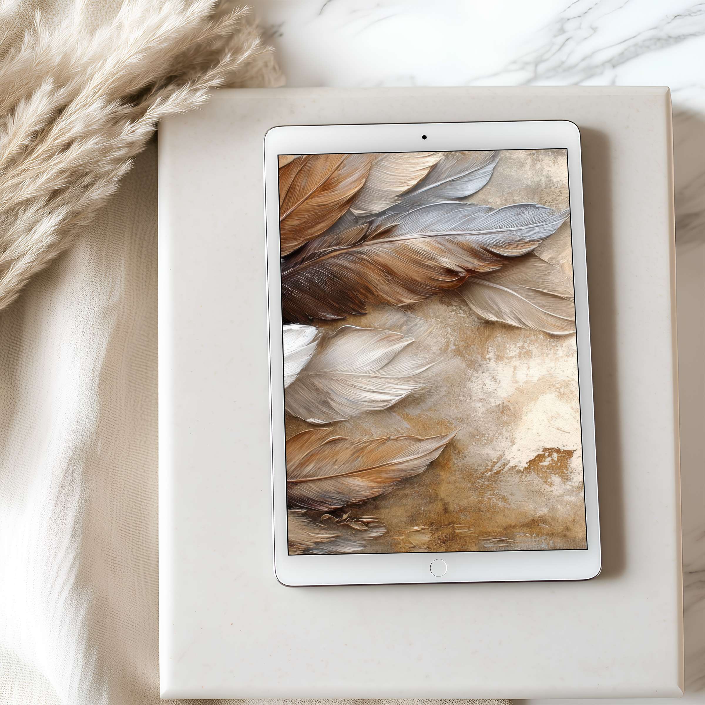 Elegant feather motif in earth tones creates a calming tablet wallpaper for iPad or Android tablets, perfect digital download