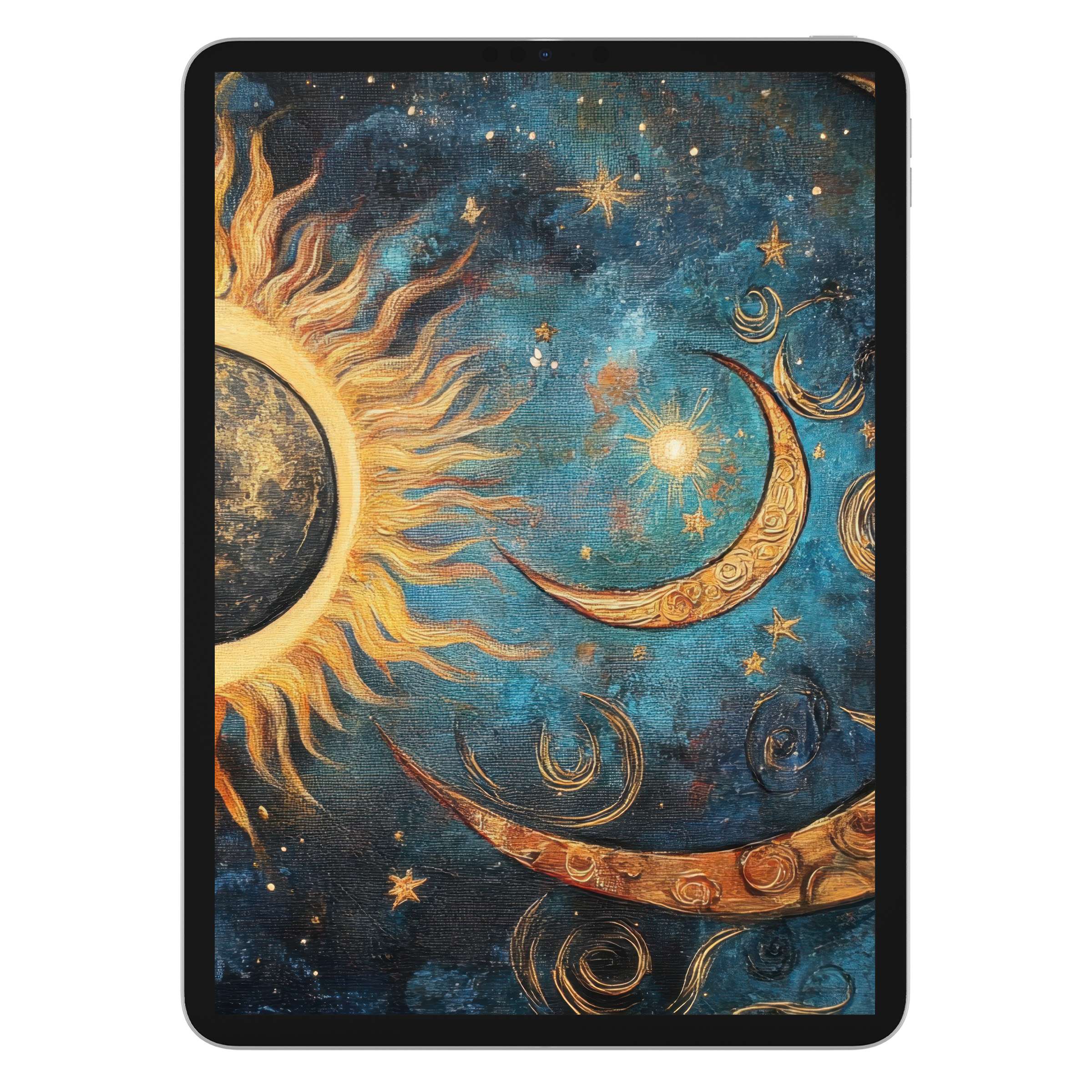 Boho iPad wallpaper featuring a celestial sun and moon design on a rich blue background, ideal digital download for any tablet