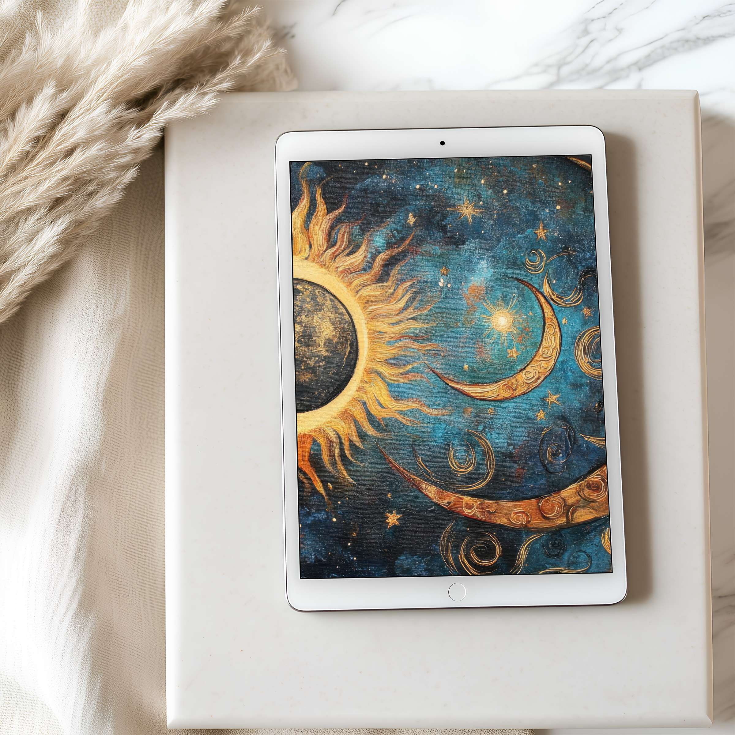 Elegant celestial motif tablet wallpaper in high resolution for iPad and Android tablets, perfect for a calm, artful interior ambiance
