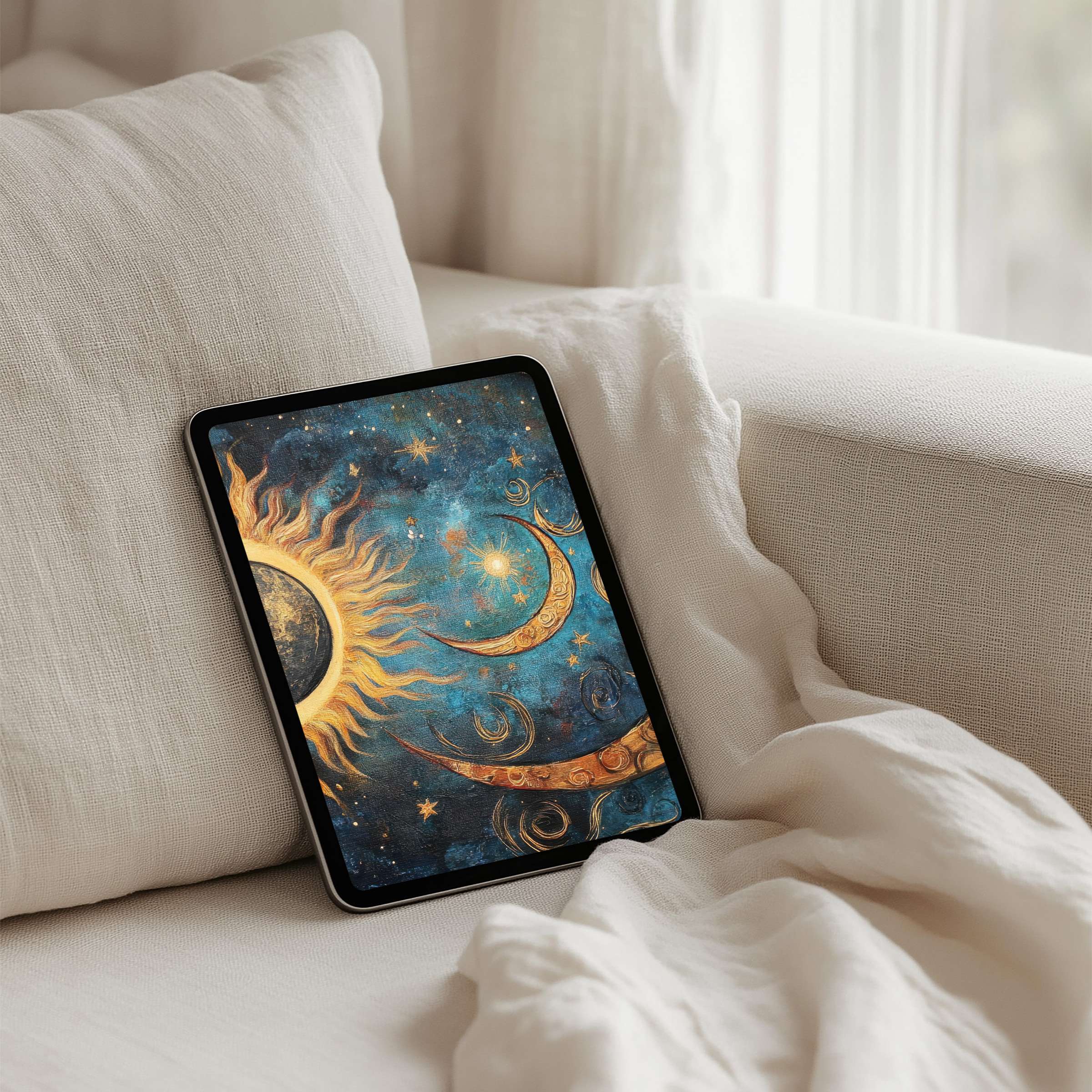 Elegant cosmic sun and moon digital art for iPad background offers instant download and fits any tablet creating calm inspiration