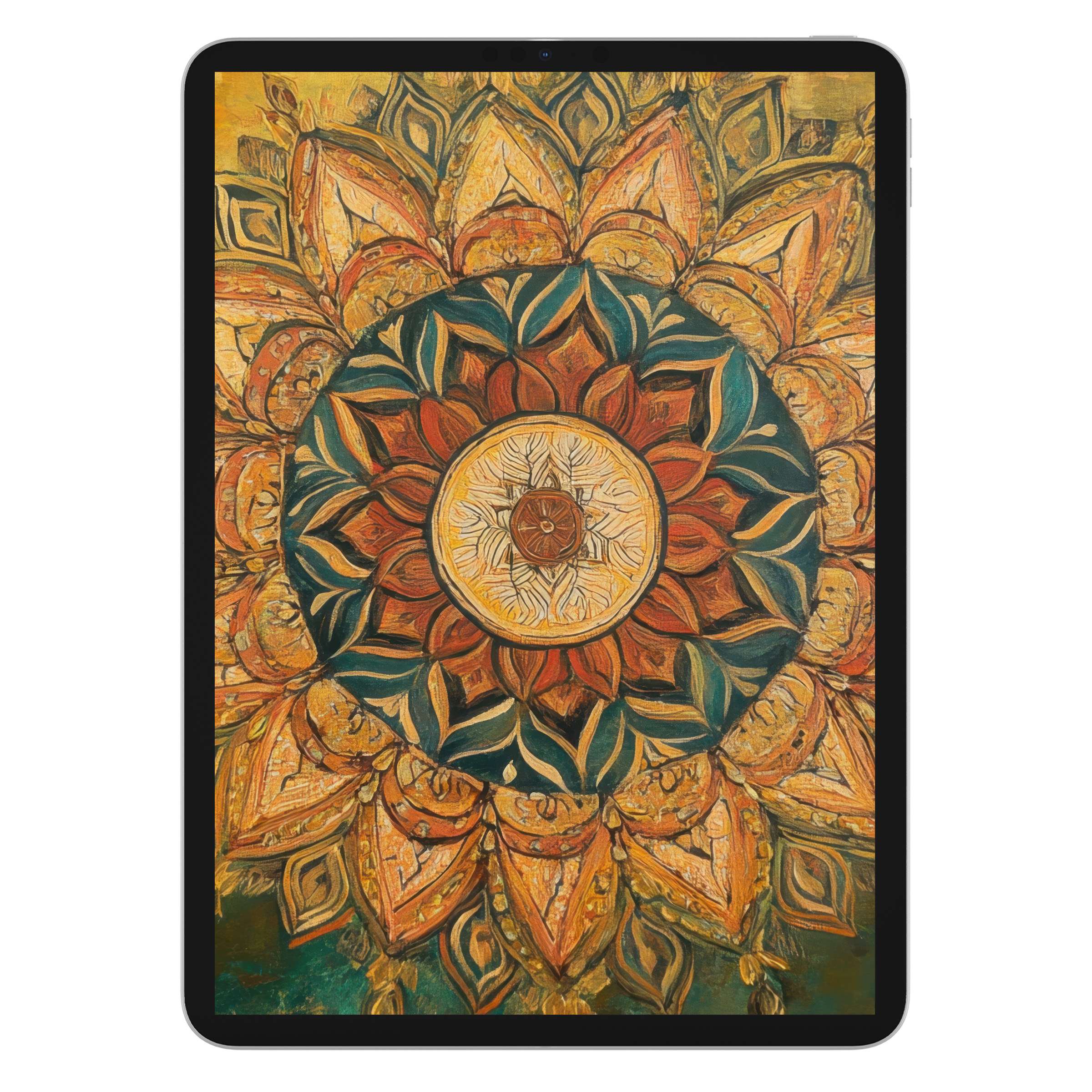 Boho iPad wallpaper featuring a vibrant mandala design with warm earthy tones, perfect digital download for tablet backgrounds
