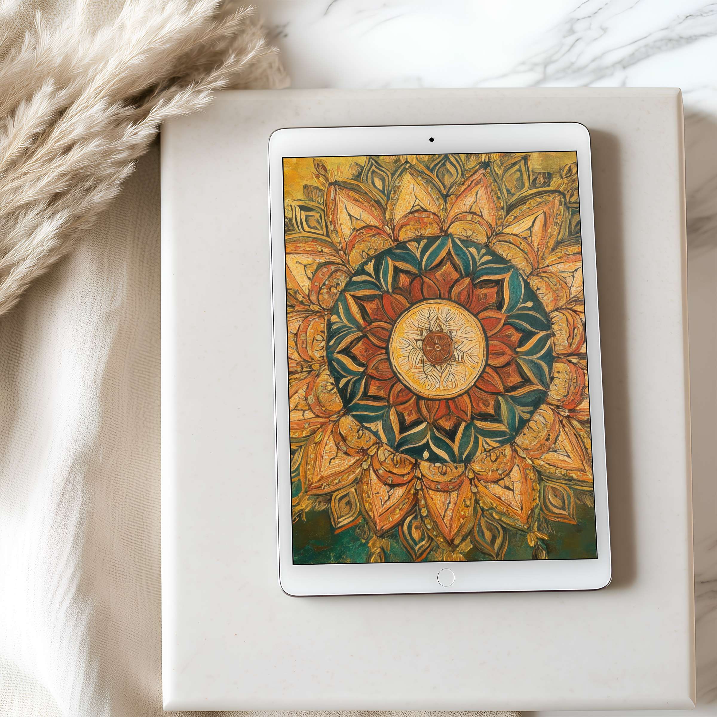 Elegant tablet wallpaper featuring a vibrant mandala design, radiating calm; perfect for iPad and Android in high resolution download