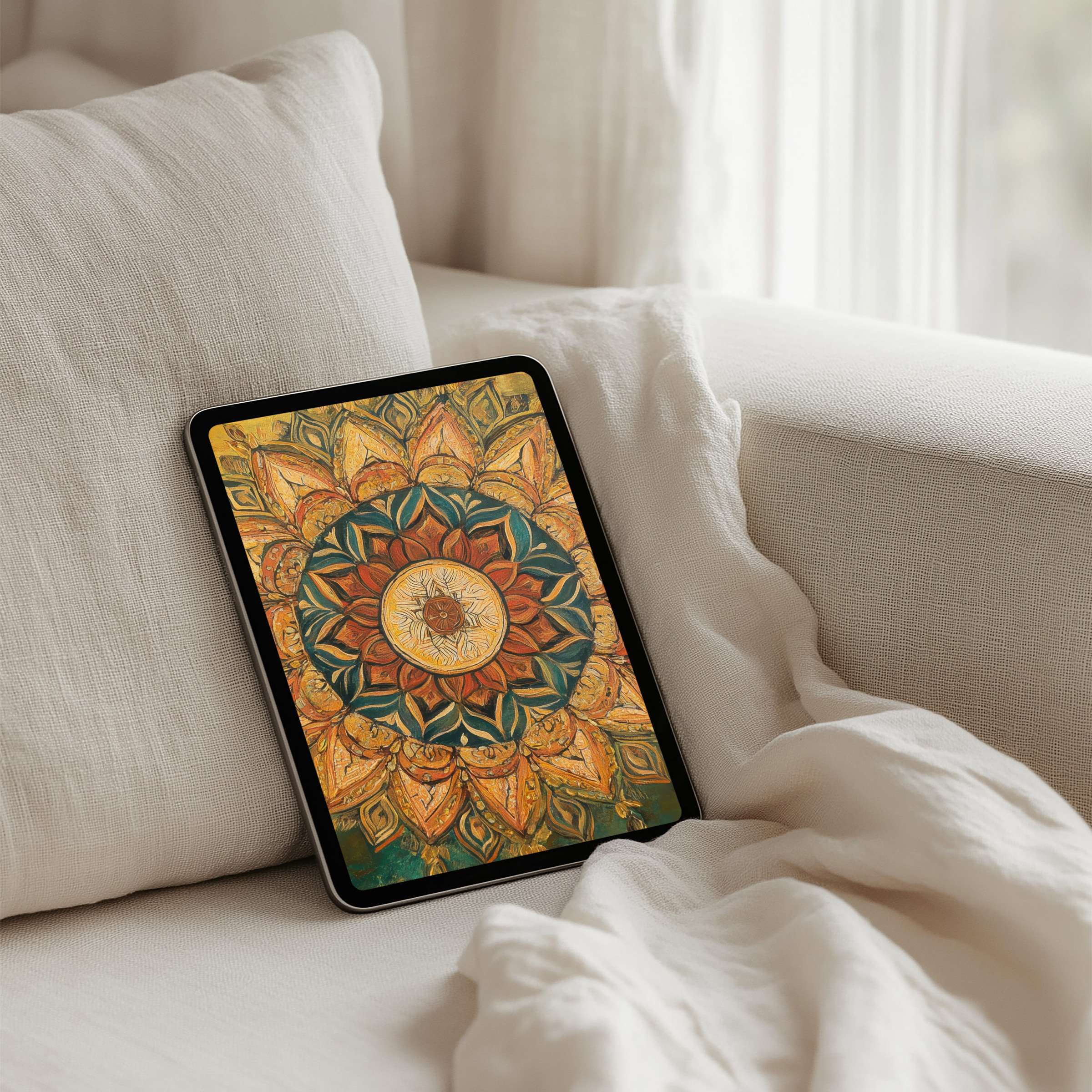 Mandala-inspired iPad background offers instant download for tablets, blending earthy tones with calming elegance and mindful inspiration