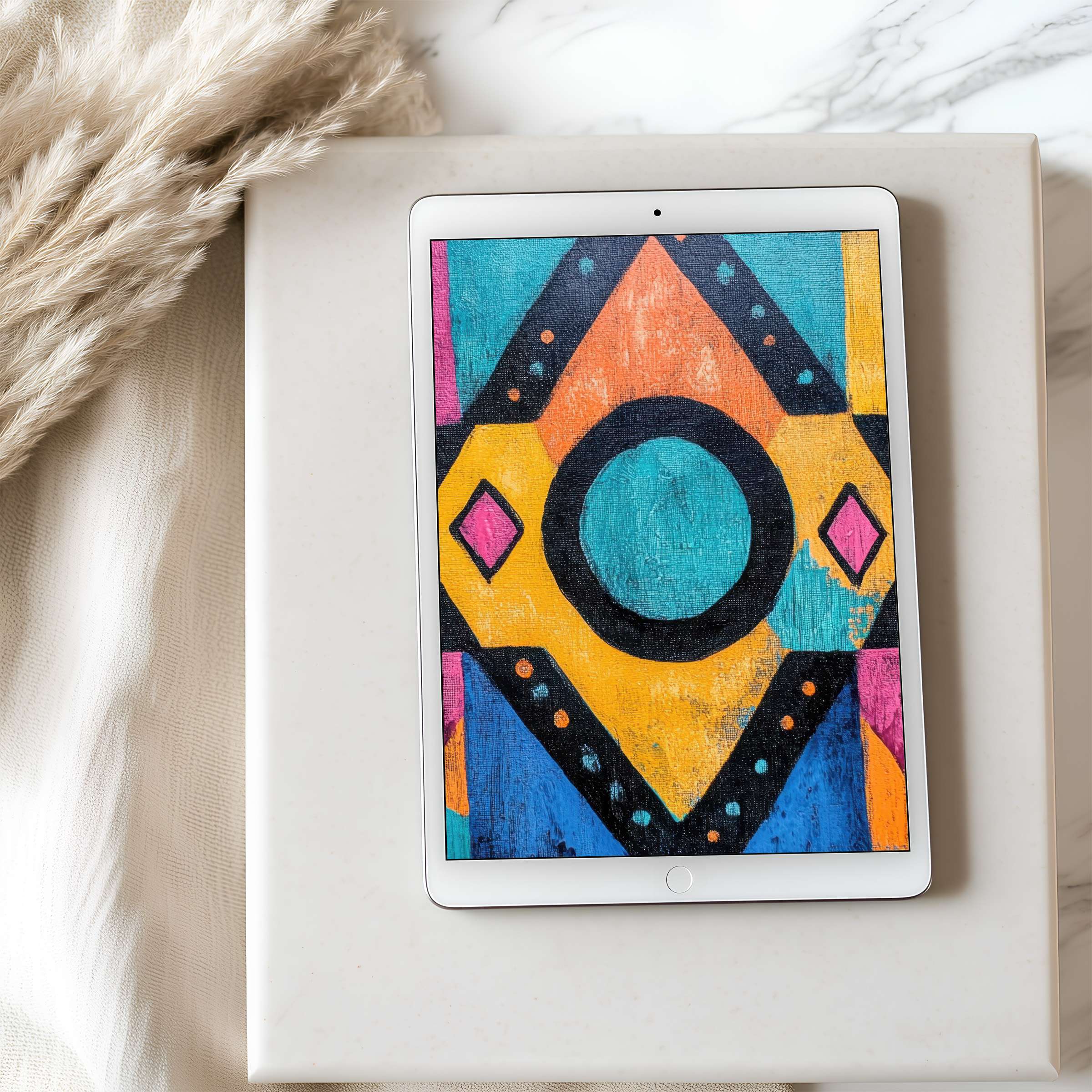 Elegant abstract tablet wallpaper with vibrant geometric patterns in teal, orange, and pink, perfect for iPad and Android downloads
