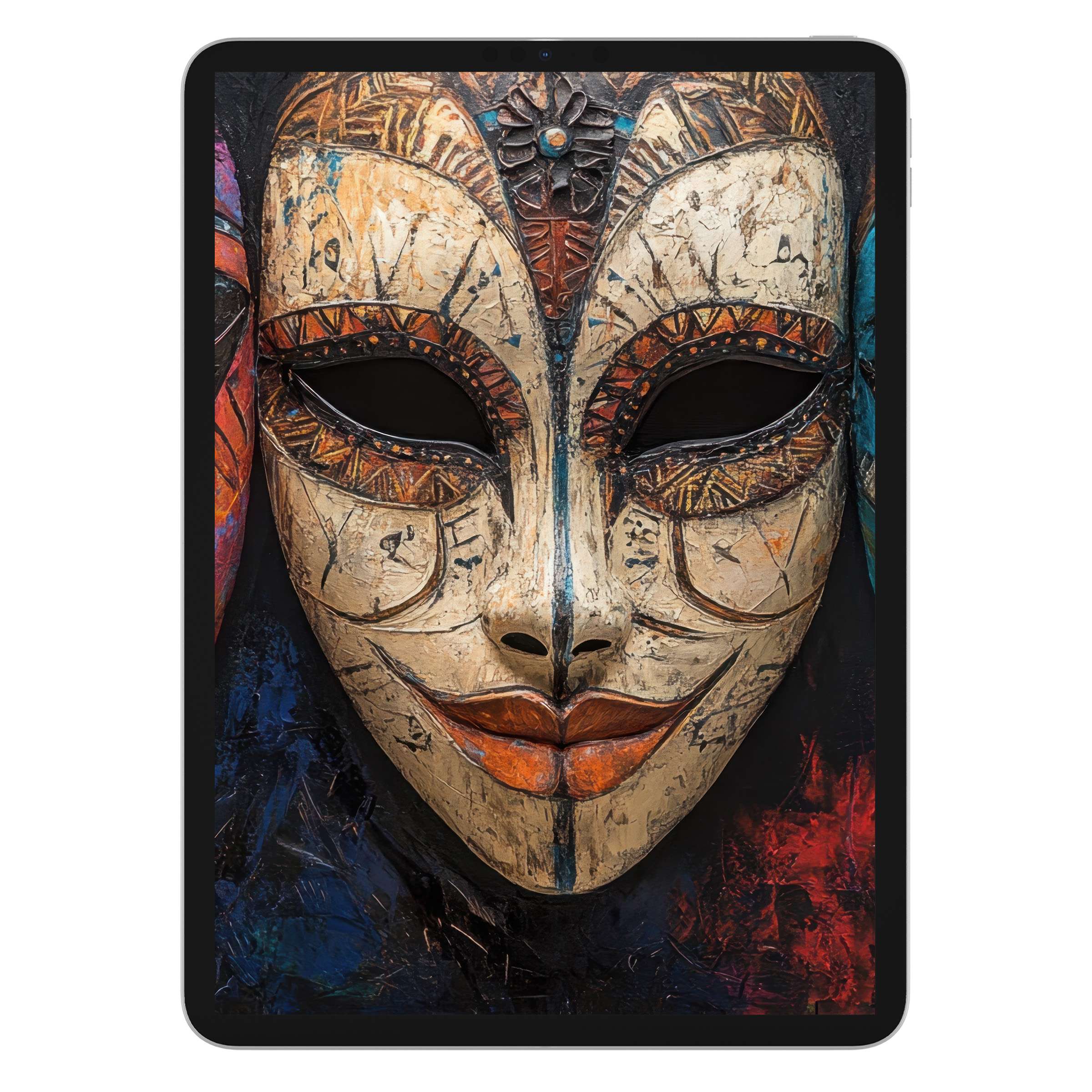 Boho iPad wallpaper featuring an intricately patterned tribal mask offers serene digital download background for various tablets