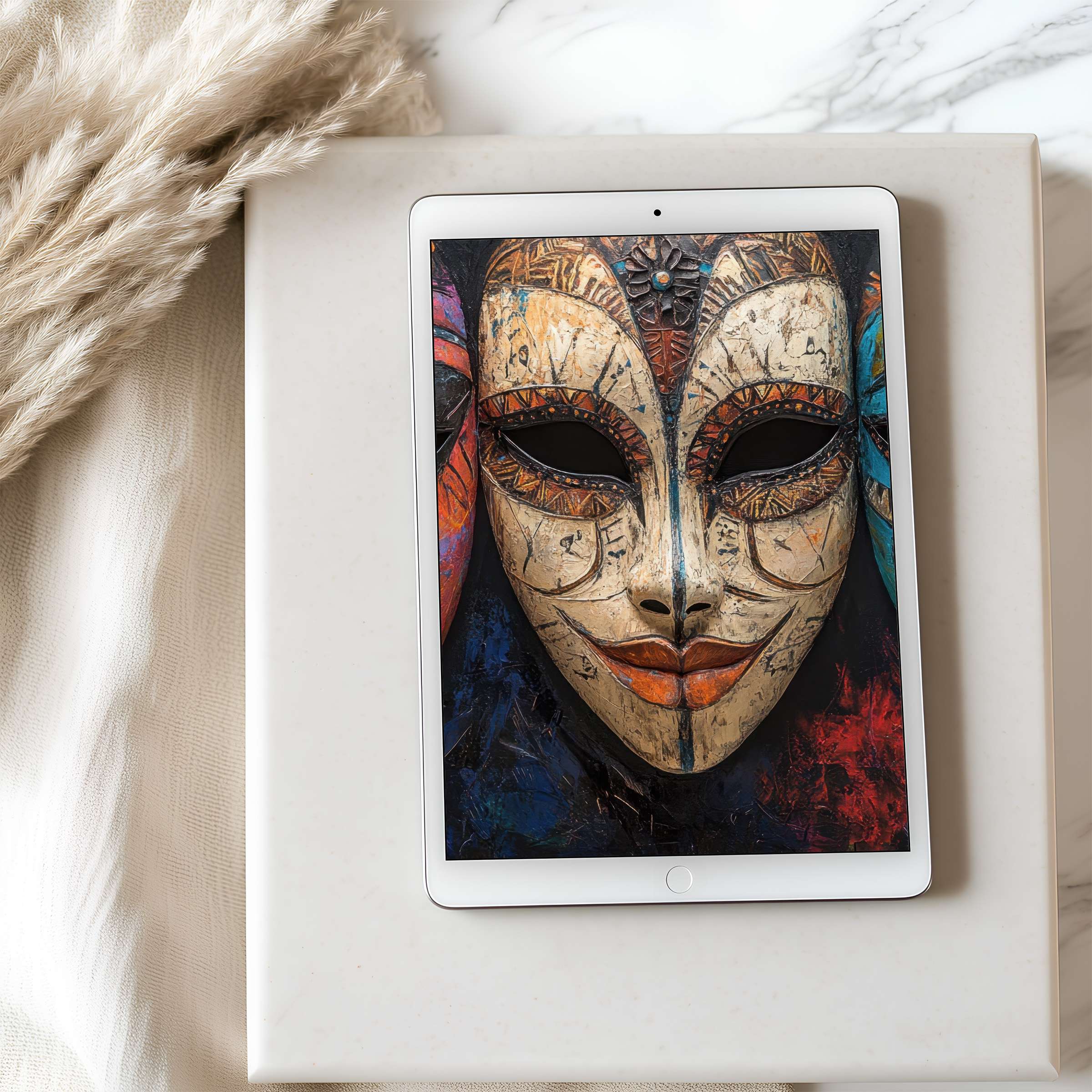 Elegant mask art in vivid hues captivates as a high-resolution tablet wallpaper, perfect for iPad decor and digital download bliss