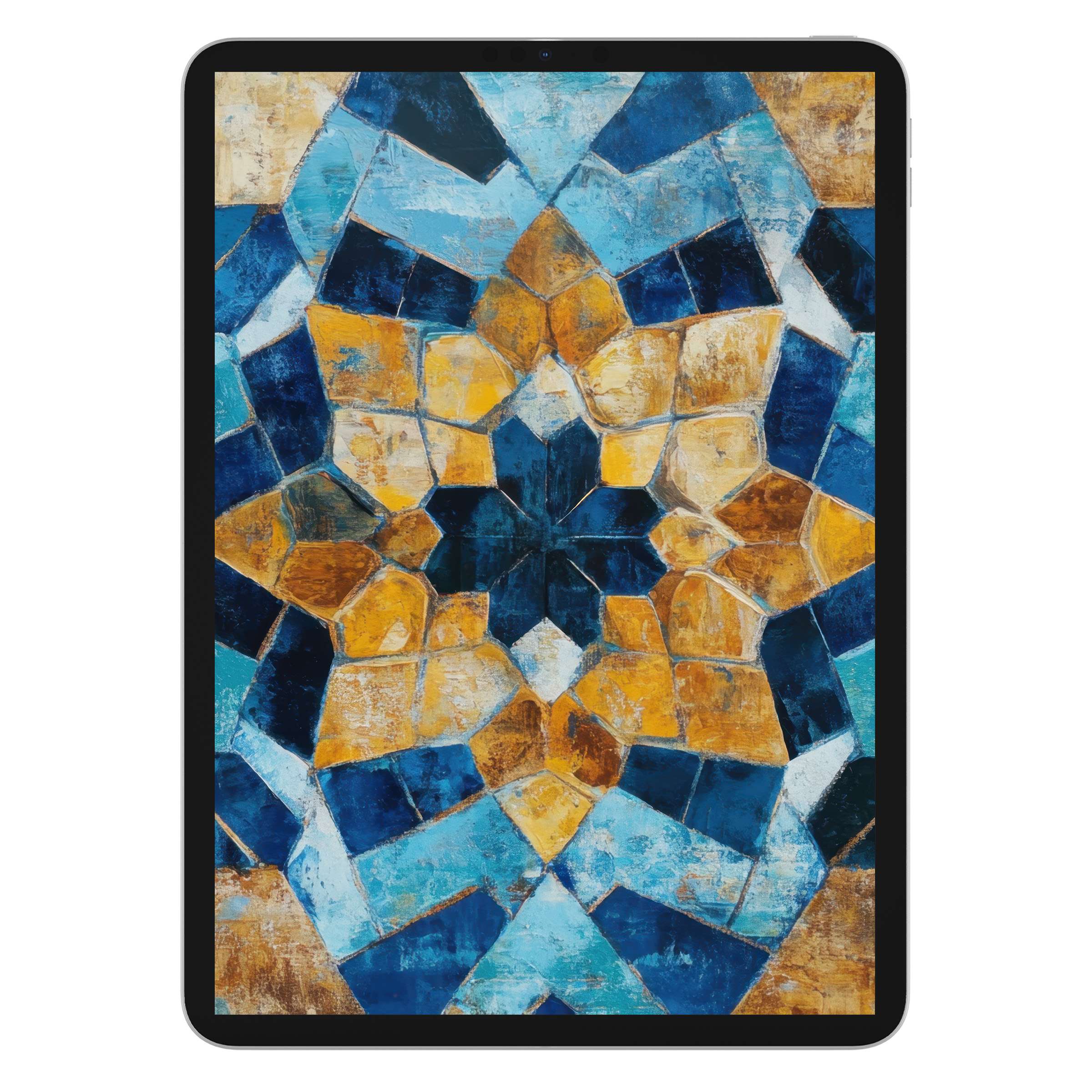 Boho iPad wallpaper featuring blue and gold geometric textures creates a calming digital download background for all tablets