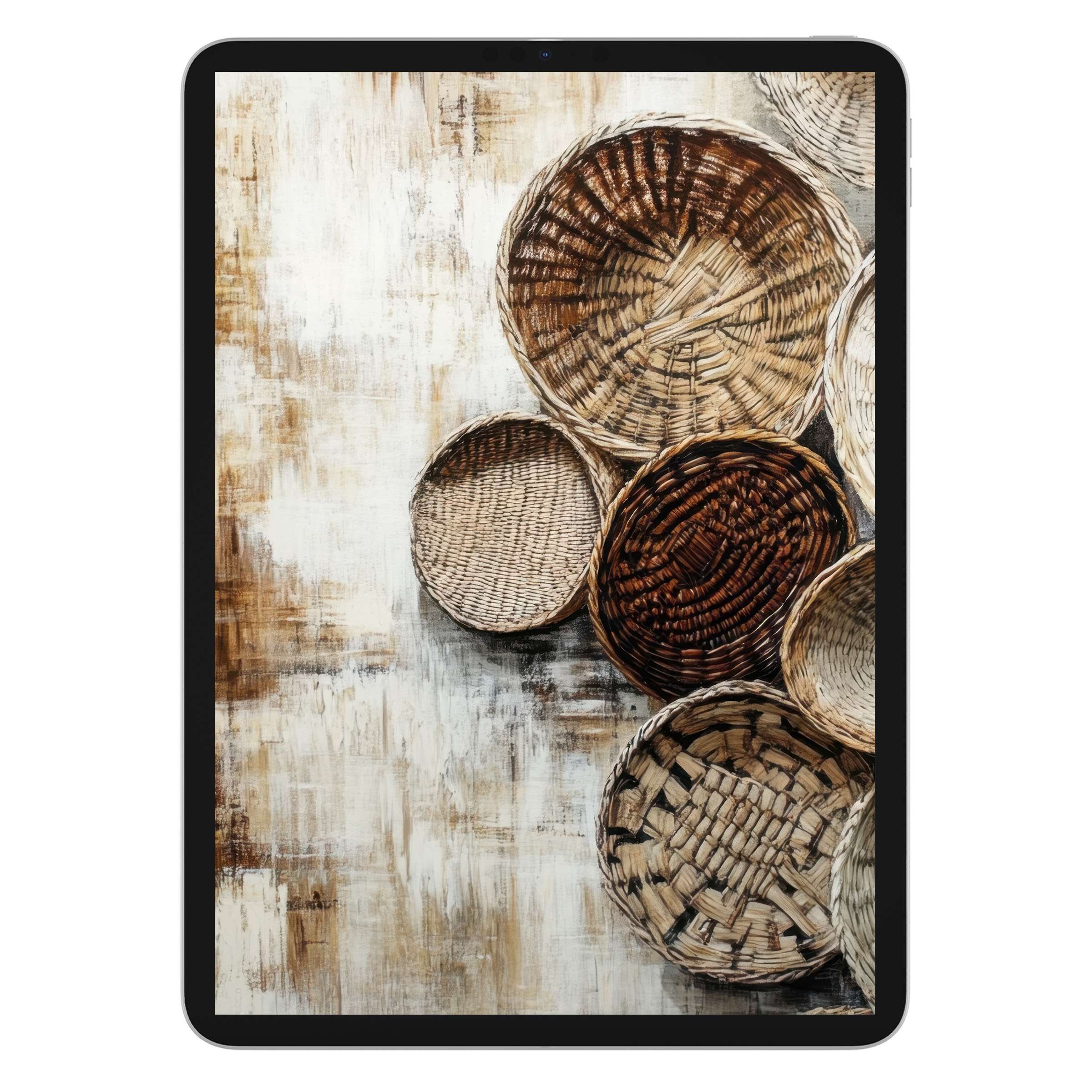 Boho iPad wallpaper featuring woven baskets on a textured canvas background for tablet digital download offers calm elegance and style