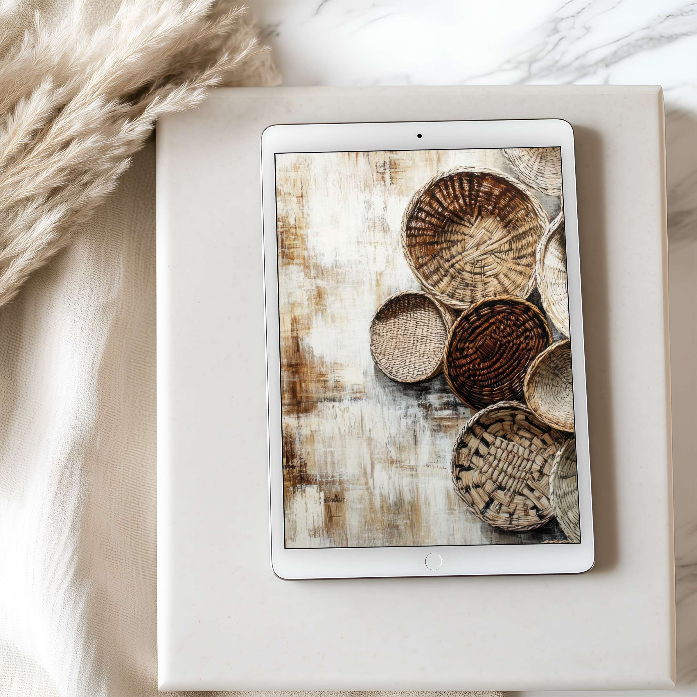 Curated tablet wallpaper featuring rustic woven baskets in earthy tones set against a serene neutral backdrop ideal for iPad download