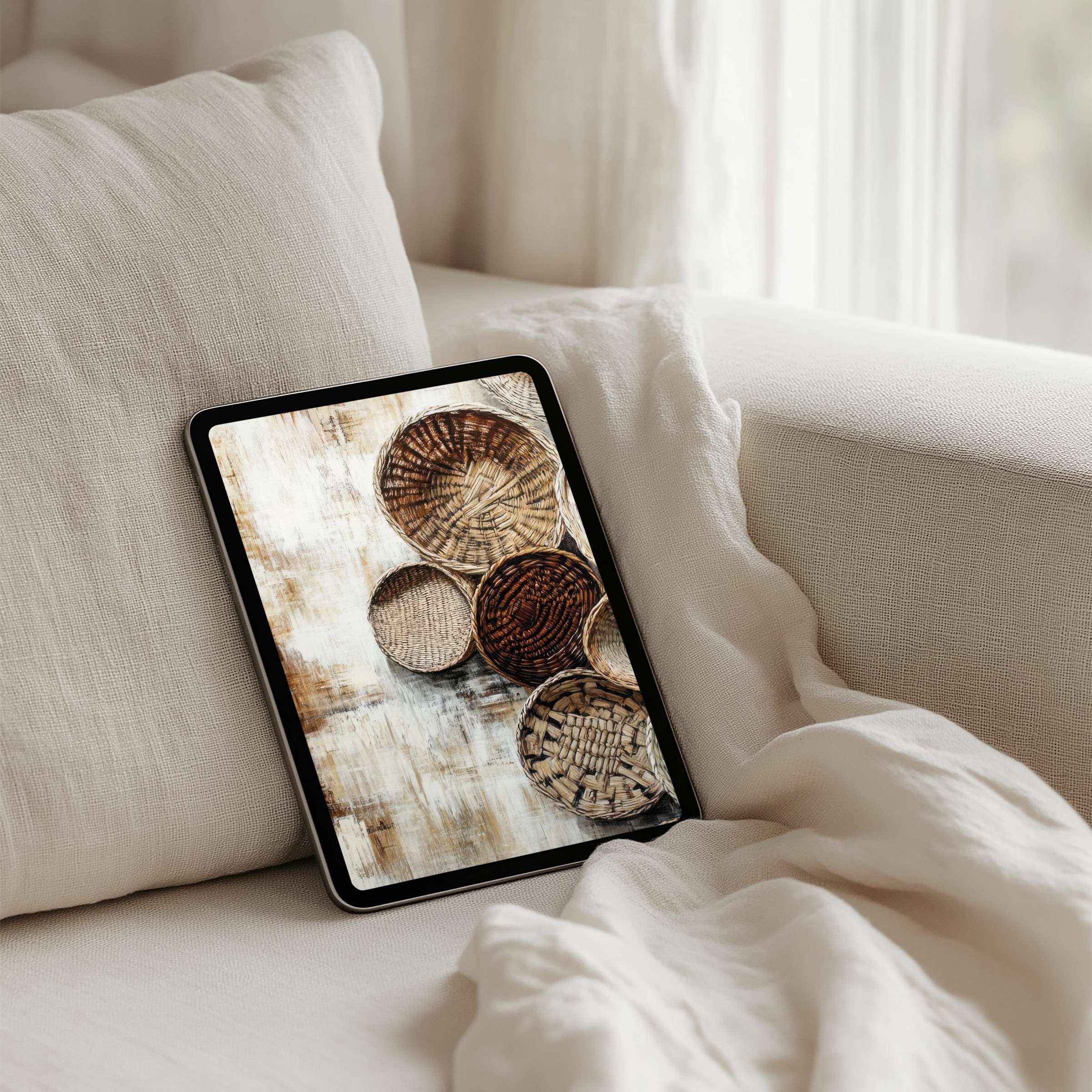 Elegant iPad background featuring woven baskets evokes calm and inspiration, fits any tablet and offers instant download