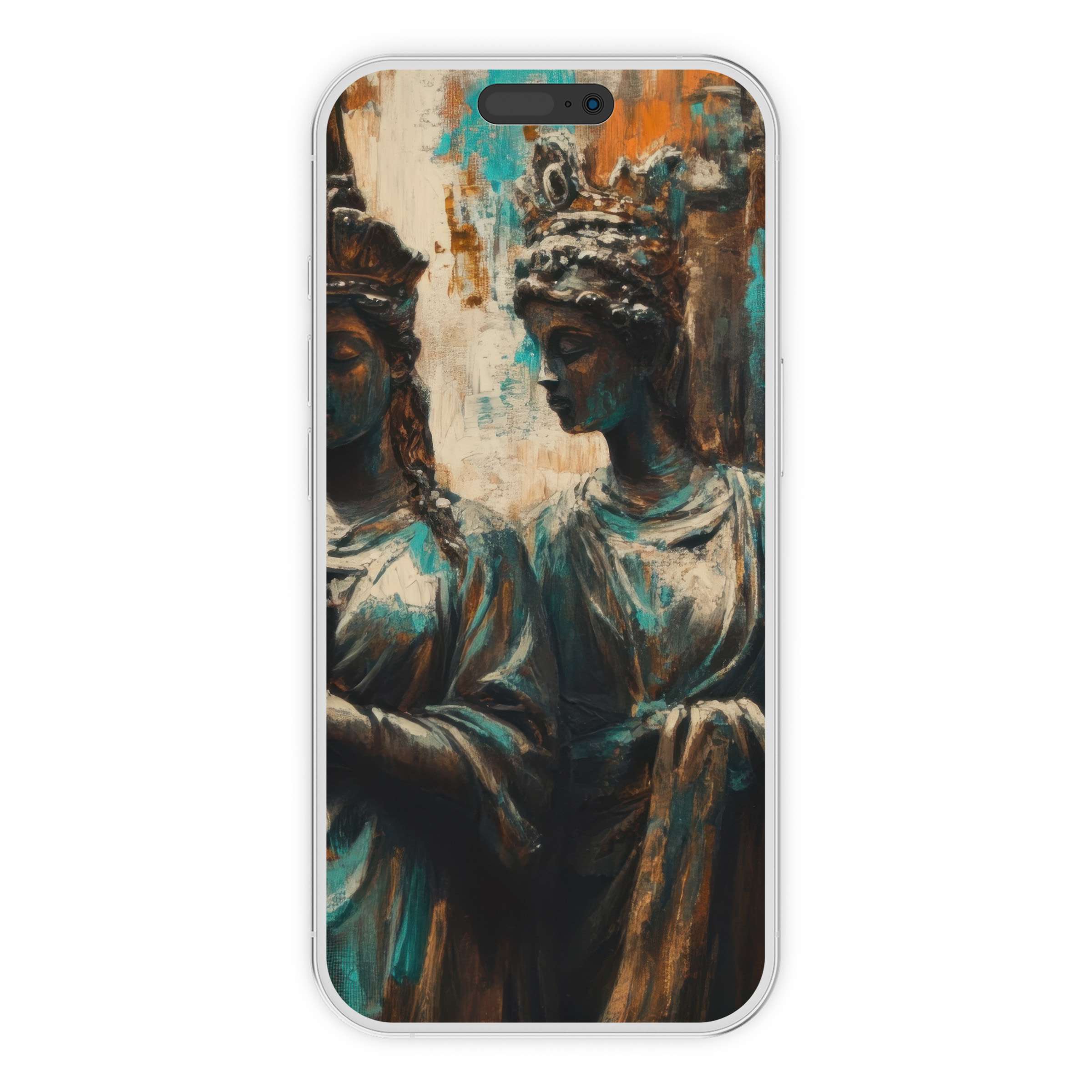 Elegant boho iPhone wallpaper captures serene statues in warm earth tones for a calming phone background digital download