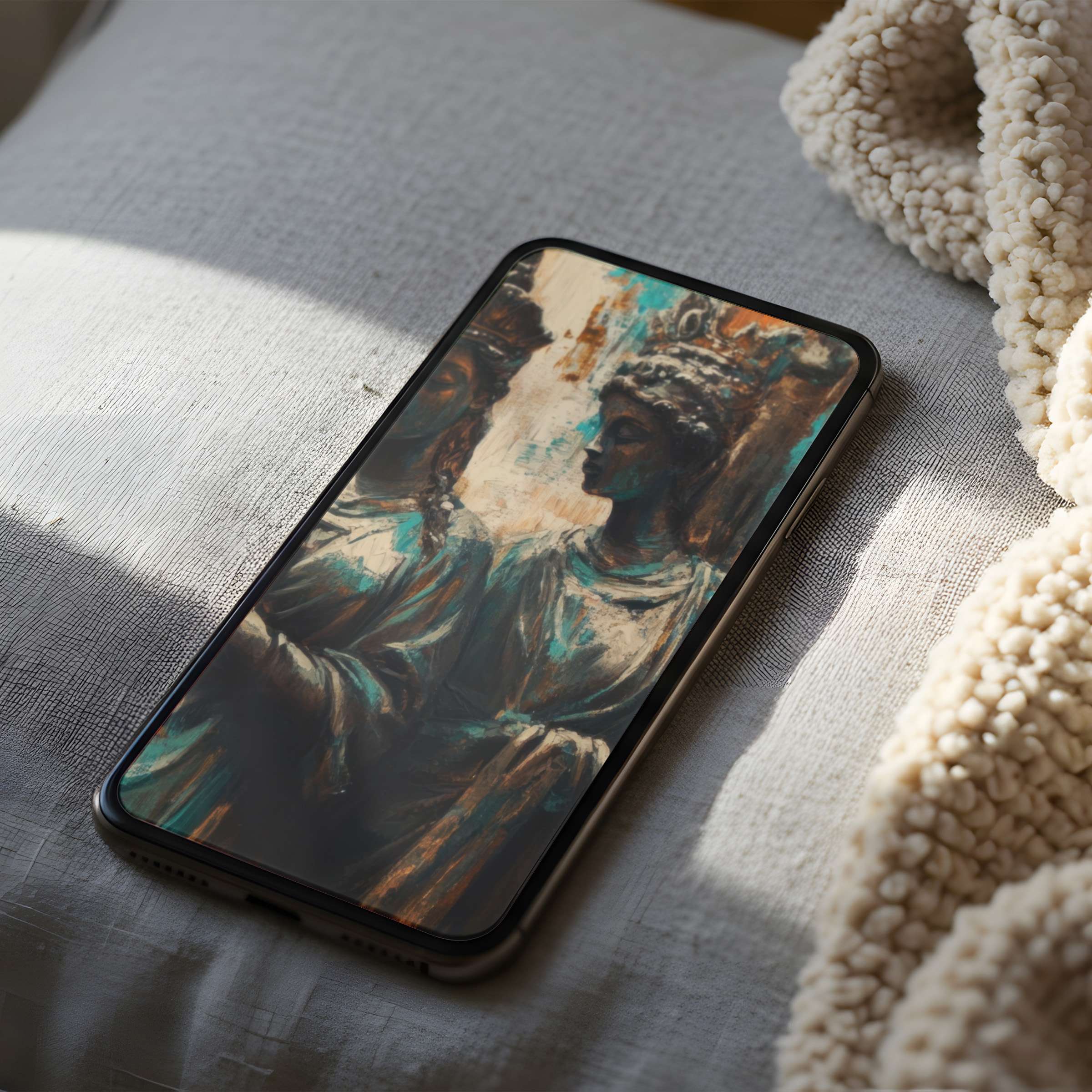 Elegant phone wallpaper featuring classical figures in muted tones, offering a calming, curated digital download for iPhone and Android